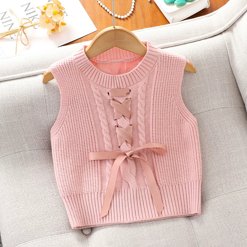 Bộ trang phục hai mảnh áo vest và áo sơ mi phong cách preppy cho bé gái mùa xuân 2025, áo vest dài tay mới cho bé gái