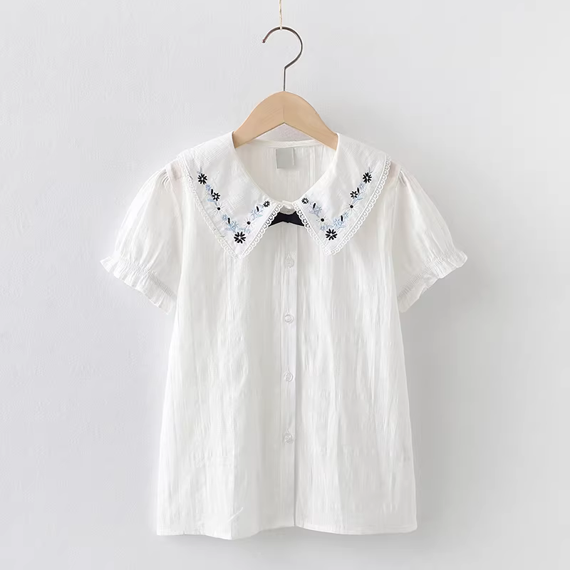 Áo sơ mi ngắn tay bé gái 2025, quần áo mùa hè mới cho trẻ lớn, áo kiểu mùa hè thời trang cho bé gái, áo sơ mi trắng cotton nguyên chất cho trẻ em