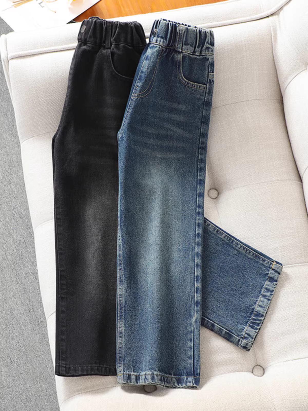 Quần jean nữ phong cách xuân thu quần áo trẻ em quần ống rộng thẳng dáng rộng mùa thu quần dài thời trang sành điệu cho bé gái lớn