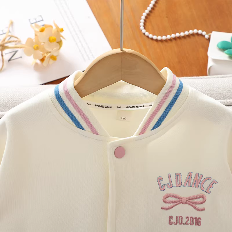 Áo khoác bóng chày nơ cho bé gái, kiểu mới xuân thu 2025, quần áo thể thao rộng rãi, thoải mái, dài tay cho bé gái mùa thu