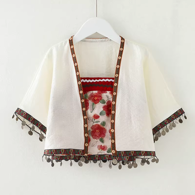 Trang phục mùa hè theo phong cách dân tộc dành cho bé gái, áo cardigan ngắn tay phong cách Trung Hoa dành cho bé gái lớn hơn, bộ ba món Hanfu, quần áo mùa hè cho trẻ em với quần đèn lồng.