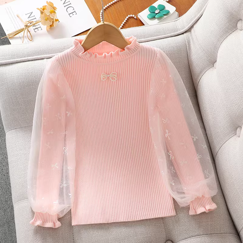 Áo len bé gái thu đông 2025 cổ lọ nửa cao lót lông dày giữ ấm áo lót mùa đông áo len trẻ em