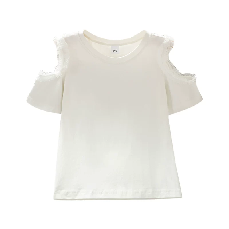 Áo thun ngắn tay cho bé gái, chất liệu cotton nguyên chất, phong cách mùa hè, áo trắng trễ vai, quần áo mùa hè mới 2025, quần áo trẻ em, áo thun