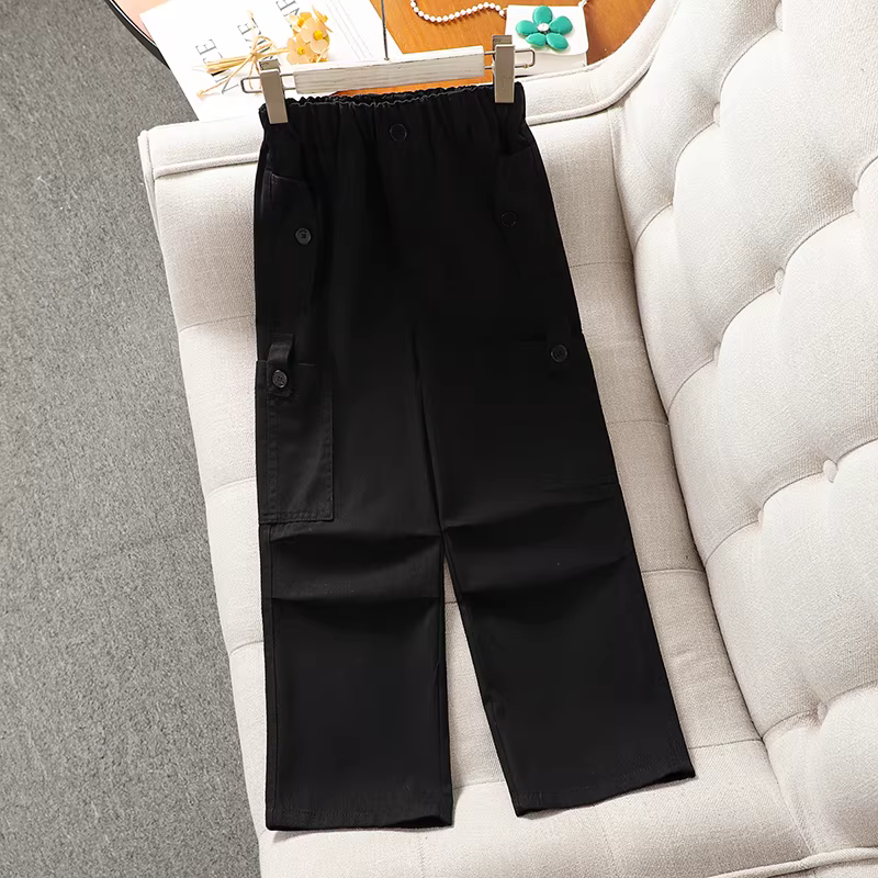 Quần cargo mùa xuân thu cho bé gái, quần ống rộng rộng rãi cho bé gái, quần thể thao giản dị sành điệu cho bé gái lớn, phong cách mùa thu.
