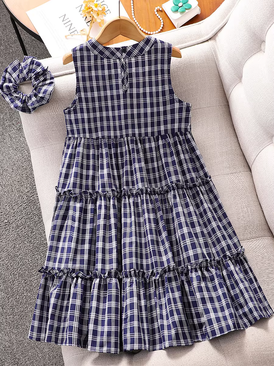 Váy bé gái 2025, quần áo mùa hè mới, váy yếm kẻ caro trẻ em, váy công chúa bé gái mùa hè mỏng, không tay