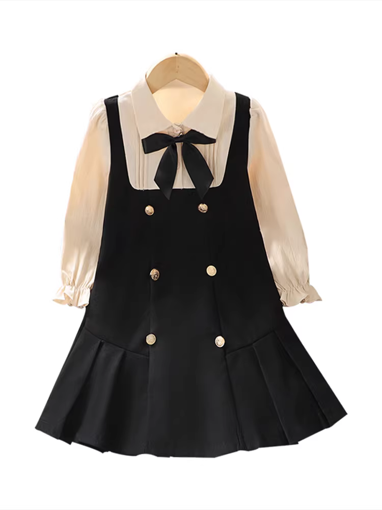 Váy preppy cho bé gái, váy sơ mi thời trang cho trẻ em mùa xuân và mùa thu, váy công chúa giả hai mảnh, trang phục mùa xuân, váy yếm cho bé gái lớn