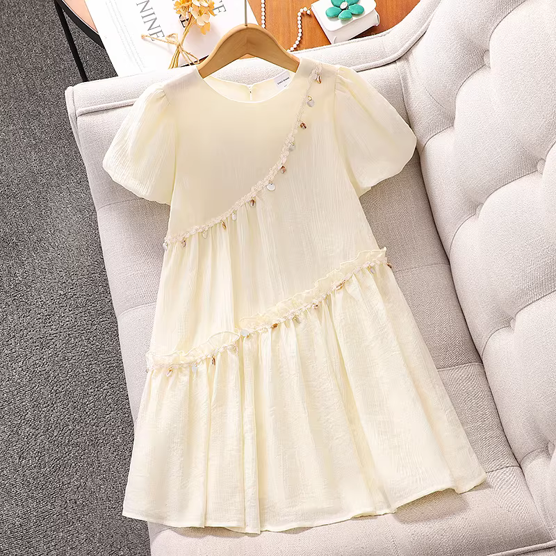Váy hè bé gái 2025 kiểu mới, tay ngắn, dáng ôm, chất liệu mỏng, thời trang cho bé gái lớn, váy công chúa mùa hè