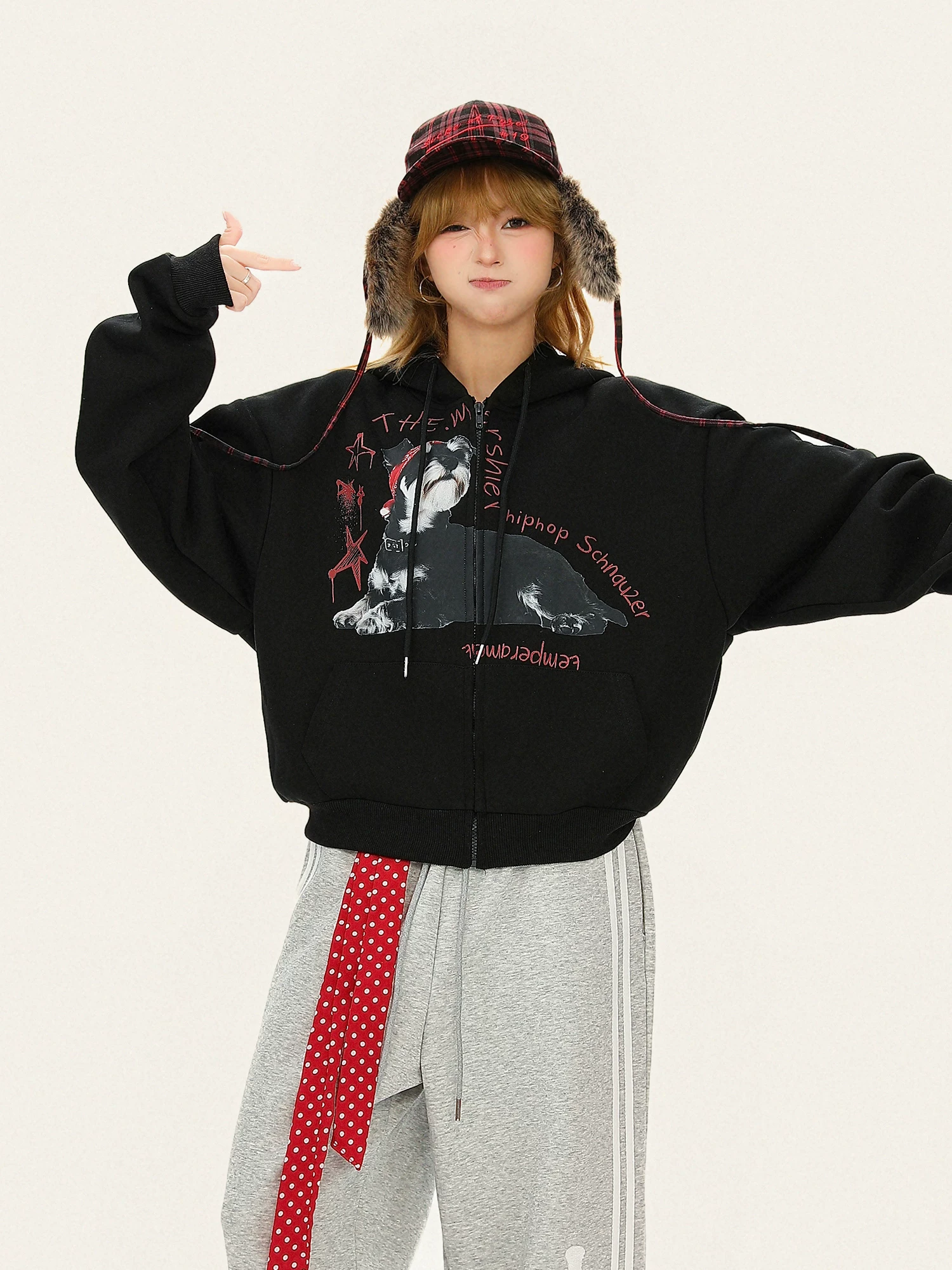 Áo nỉ có mũ in hình chú chó Bulu Biscuit American Retro dành cho nữ, áo khoác cardigan phong cách rộng rãi và thoải mái cho mùa thu.