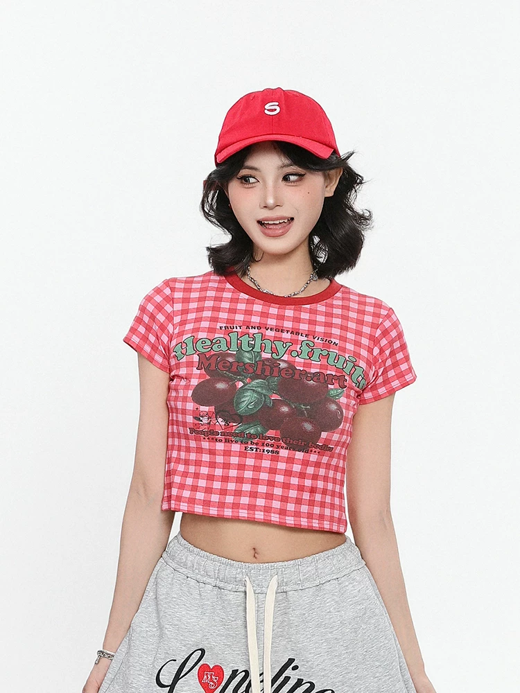 Áo thun ngắn tay kẻ sọc đỏ phong cách retro của BlueLotuss dành cho nữ, áo crop top ngắn hở vai ngọt ngào và cay cay mùa hè.