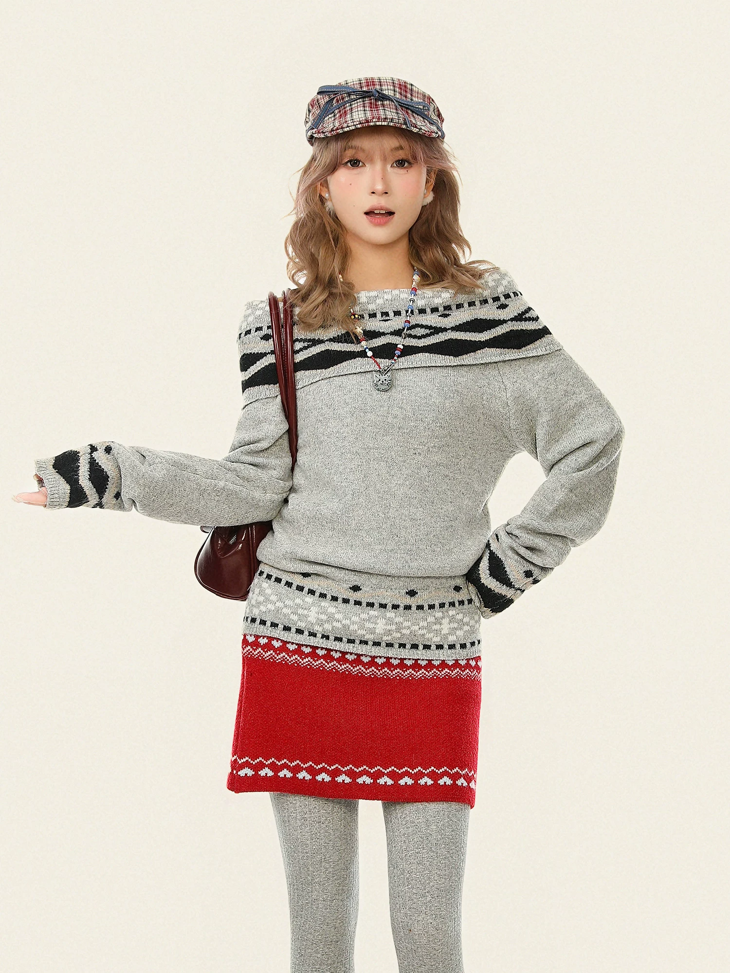 Áo len trễ vai kiểu Fair Isle ngọt ngào phong cách Hàn Quốc dành cho nữ, trang phục Giáng sinh mùa thu đông, áo dệt kim kiểu dáng lười biếng.