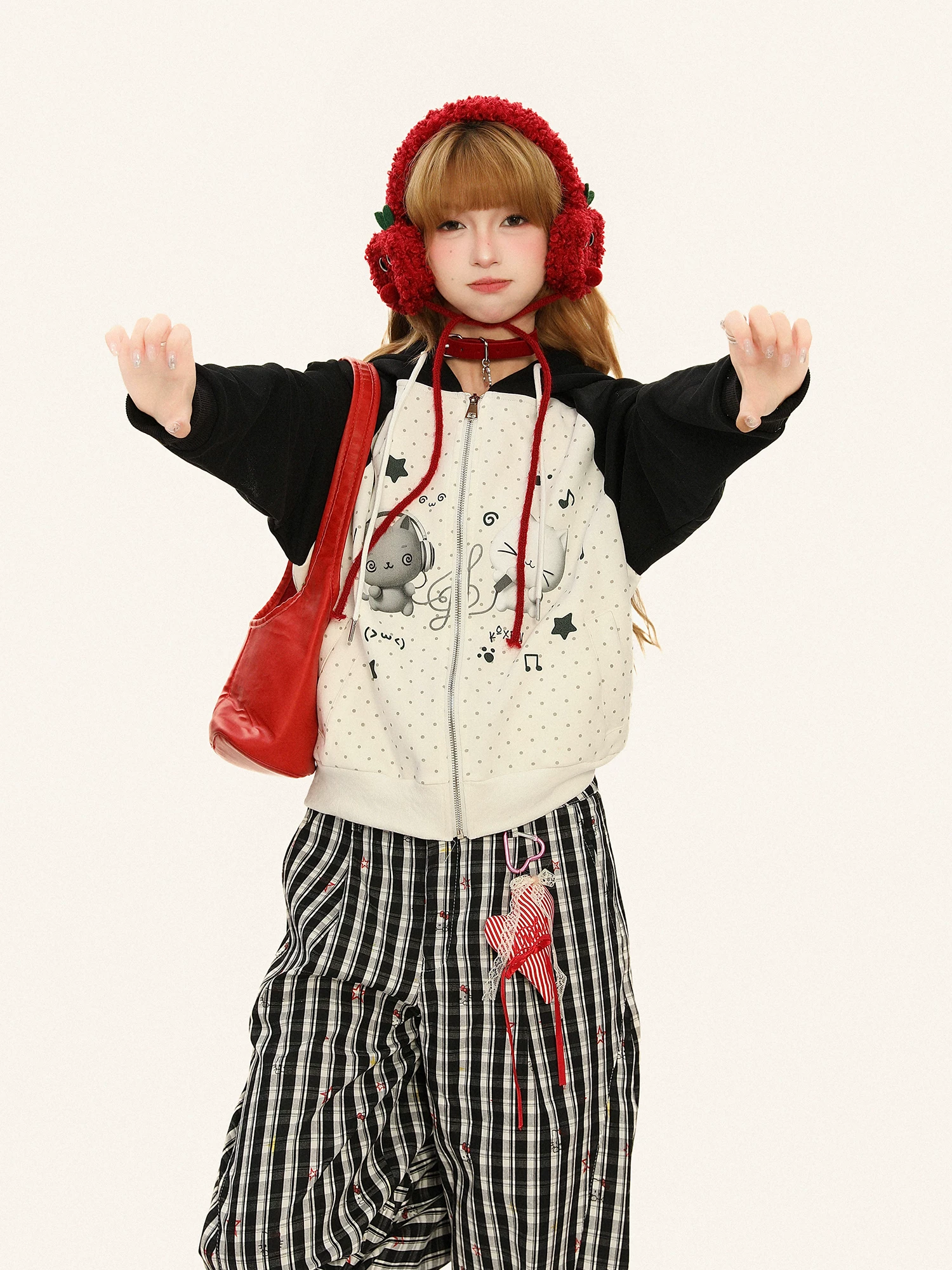 Áo khoác có mũ trùm đầu in họa tiết hoạt hình dễ thương chấm bi dành cho nữ, áo khoác cardigan dáng rộng ngọt ngào mùa thu Y2K.