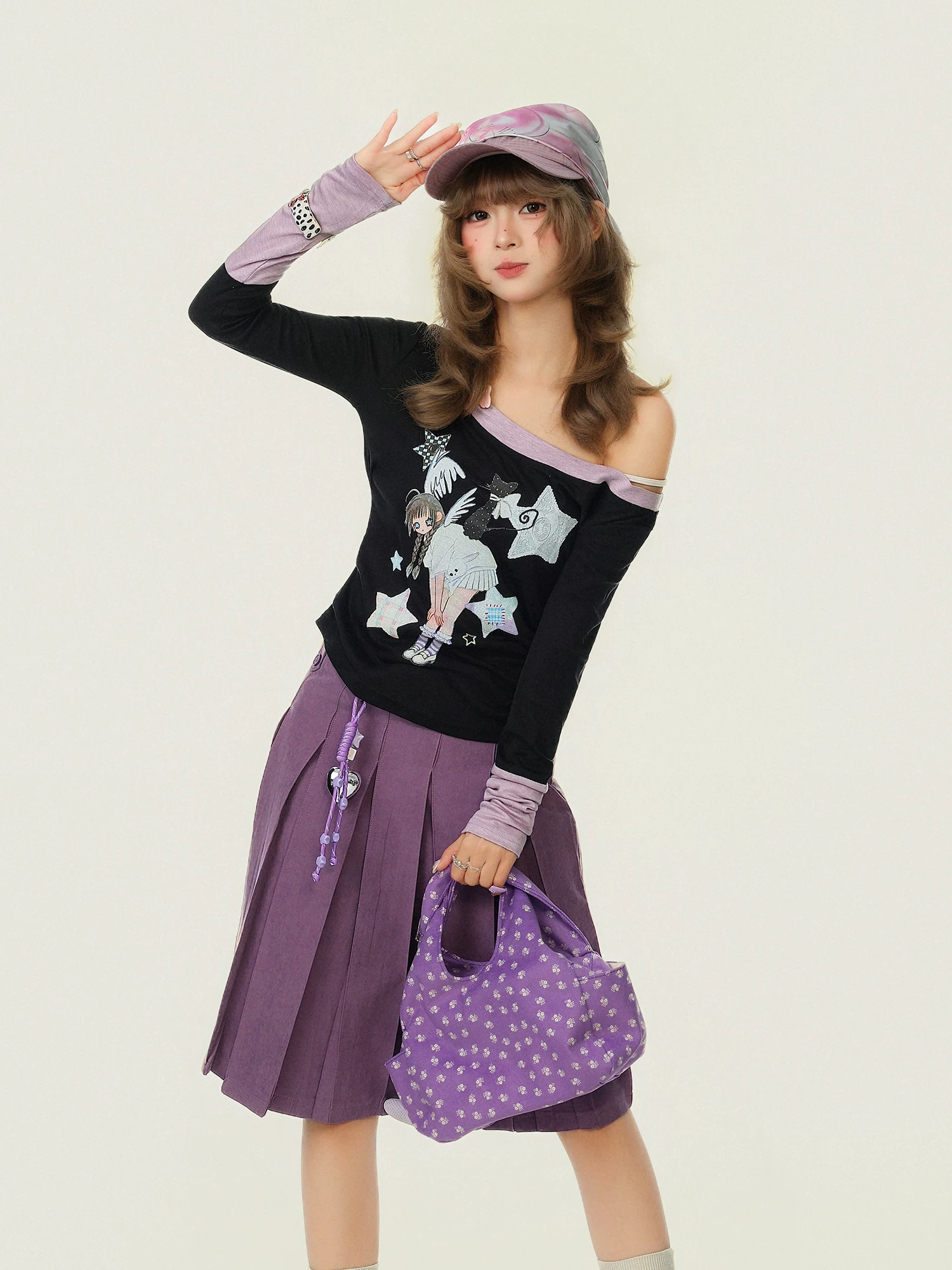 Bulu Biscuit Anime Girl Phong Cách Cổ Áo Bất Đối Xứng Áo Thun Dài Tay Cho Nữ Mùa Xuân Hai Mảnh Slim Fit Màu Khối Bên Trong Top