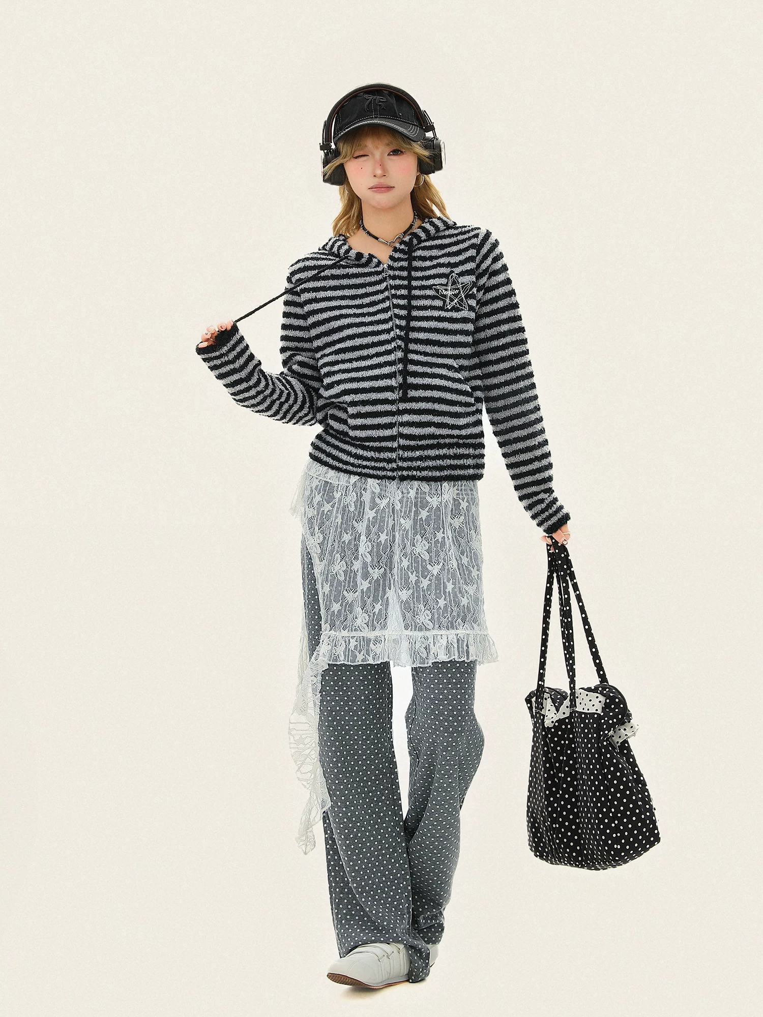 Áo len dệt kim có mũ trùm đầu sọc cổ điển kiểu Mỹ Bulu Biscuit dành cho nữ, dáng ôm, áo khoác đa năng thông thường cho mùa thu đông.