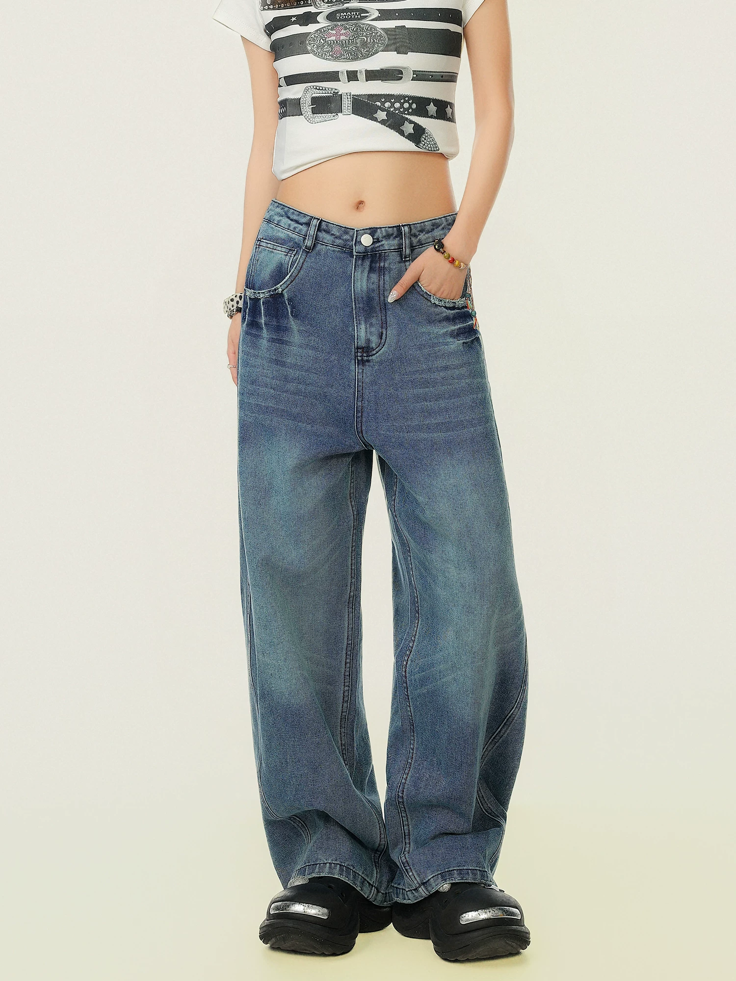 Quần jeans nữ kiểu Mỹ cổ điển, thiết kế độc đáo, quần ống rộng thoải mái đa năng, thương hiệu thời thượng.