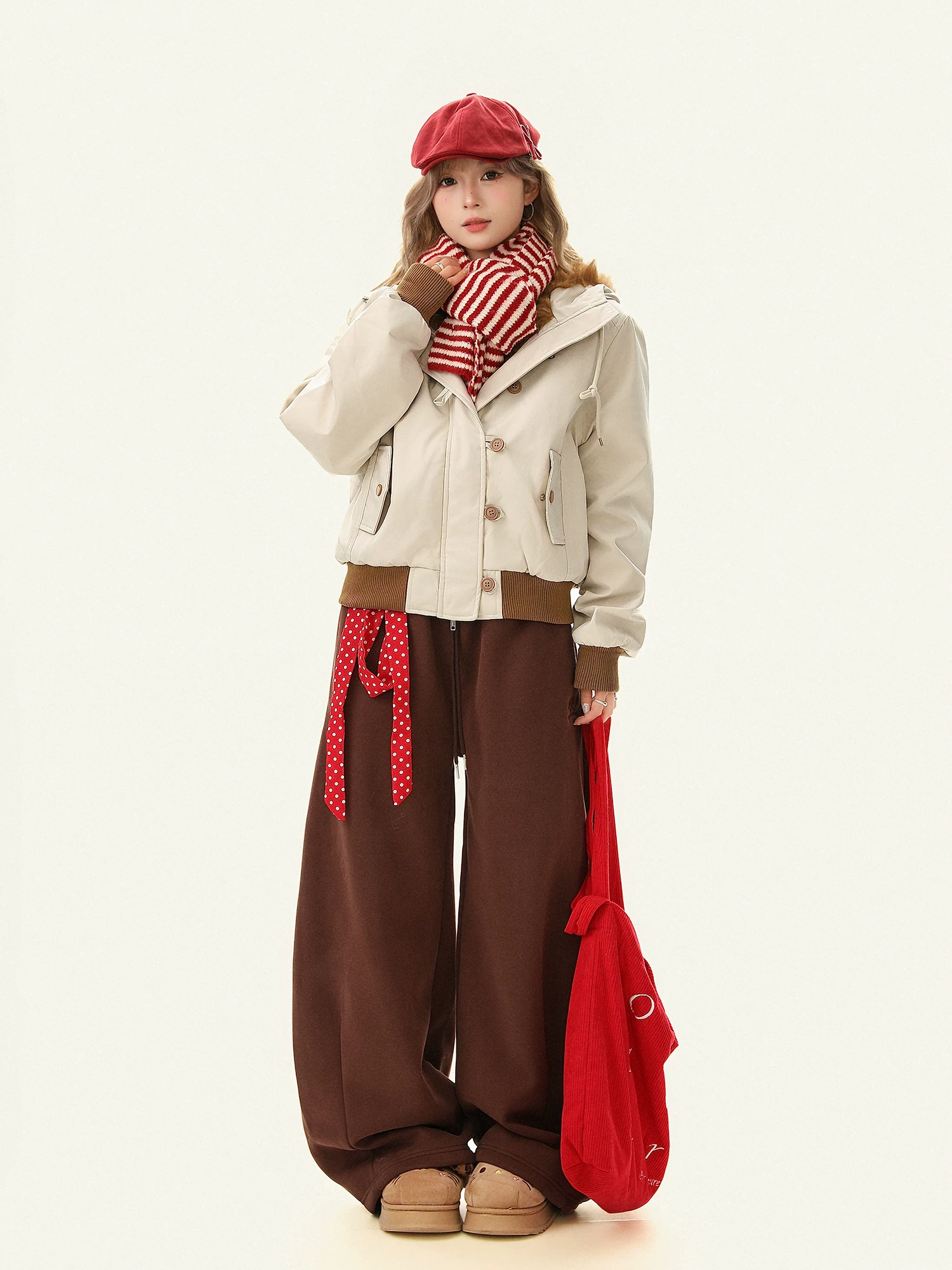 Áo khoác parka có mũ trùm đầu lót lông cừu ngắn kiểu Mỹ Bulu Biscuit dành cho nữ, áo khoác cotton rộng rãi đa năng mùa đông.