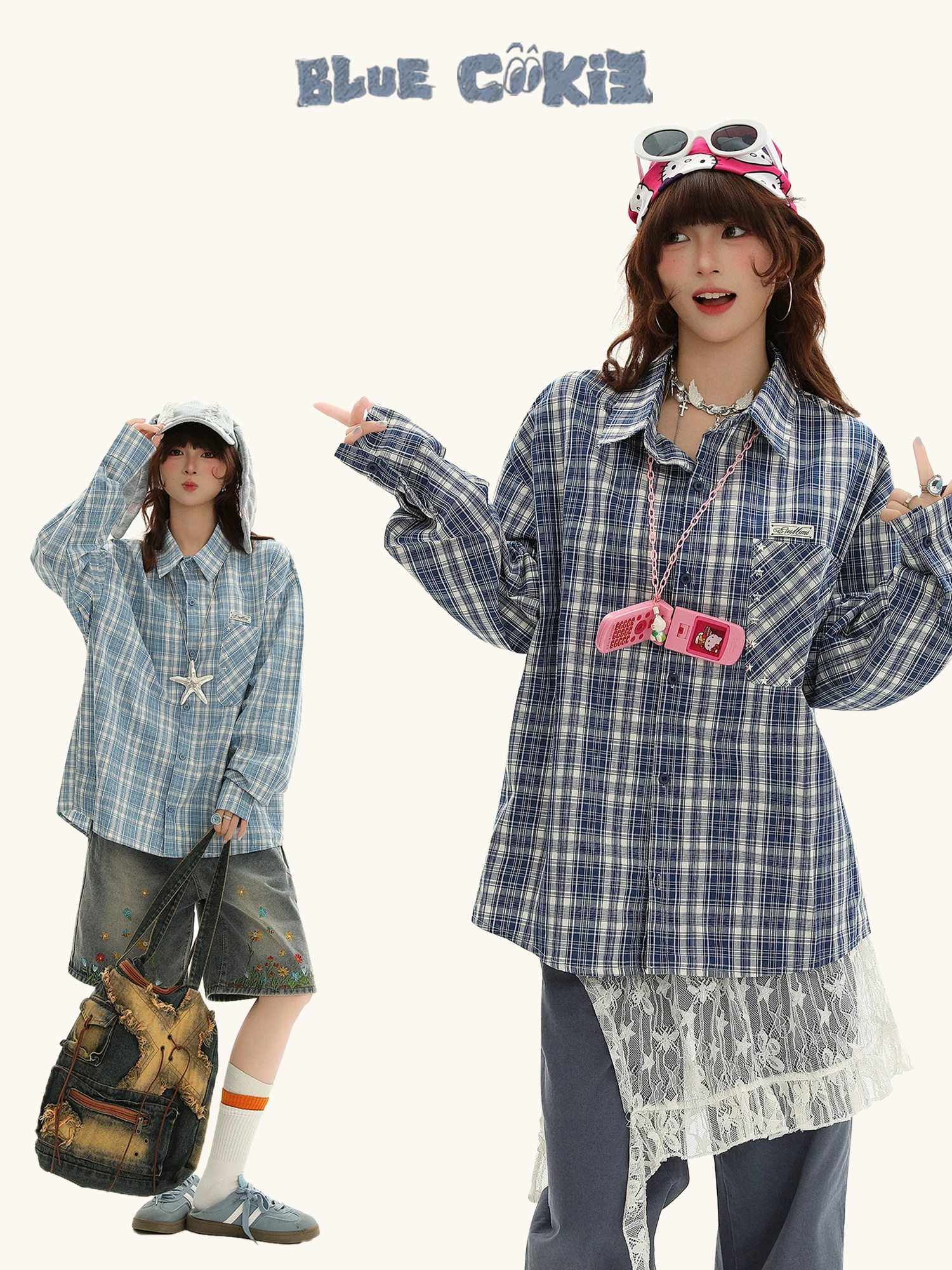 Bulu Biscuit Unisex American Retro Áo sơ mi kẻ sọc hợp thời trang mùa thu dáng rộng giản dị đa năng hàng đầu