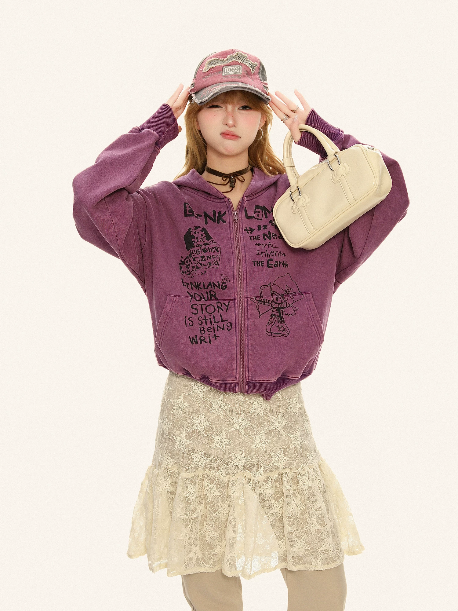 Áo nỉ có mũ in hình hoạt hình phong cách Mỹ dành cho nữ, thiết kế mùa thu, áo khoác cardigan dáng rộng.