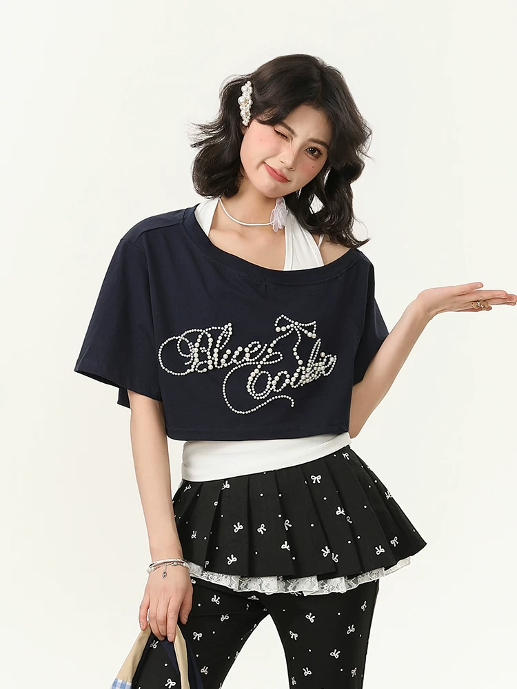 Áo thun ngắn tay trễ vai Bulu Biscuit Sweet Pearl dành cho nữ, áo ngắn dáng rộng mùa hè và bộ hai mảnh áo vest.