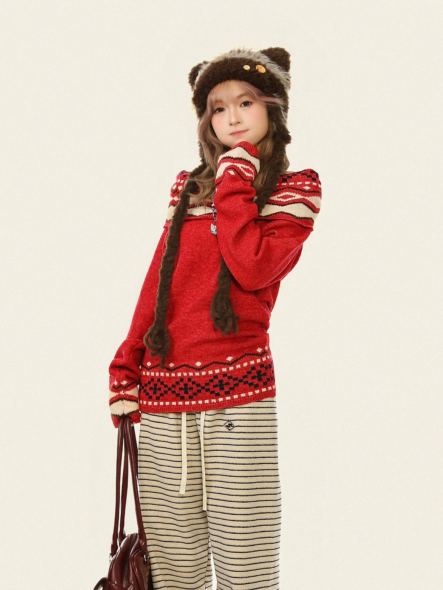 Áo len trễ vai kiểu Fair Isle ngọt ngào phong cách Hàn Quốc dành cho nữ, trang phục Giáng sinh mùa thu đông, áo dệt kim kiểu dáng lười biếng.