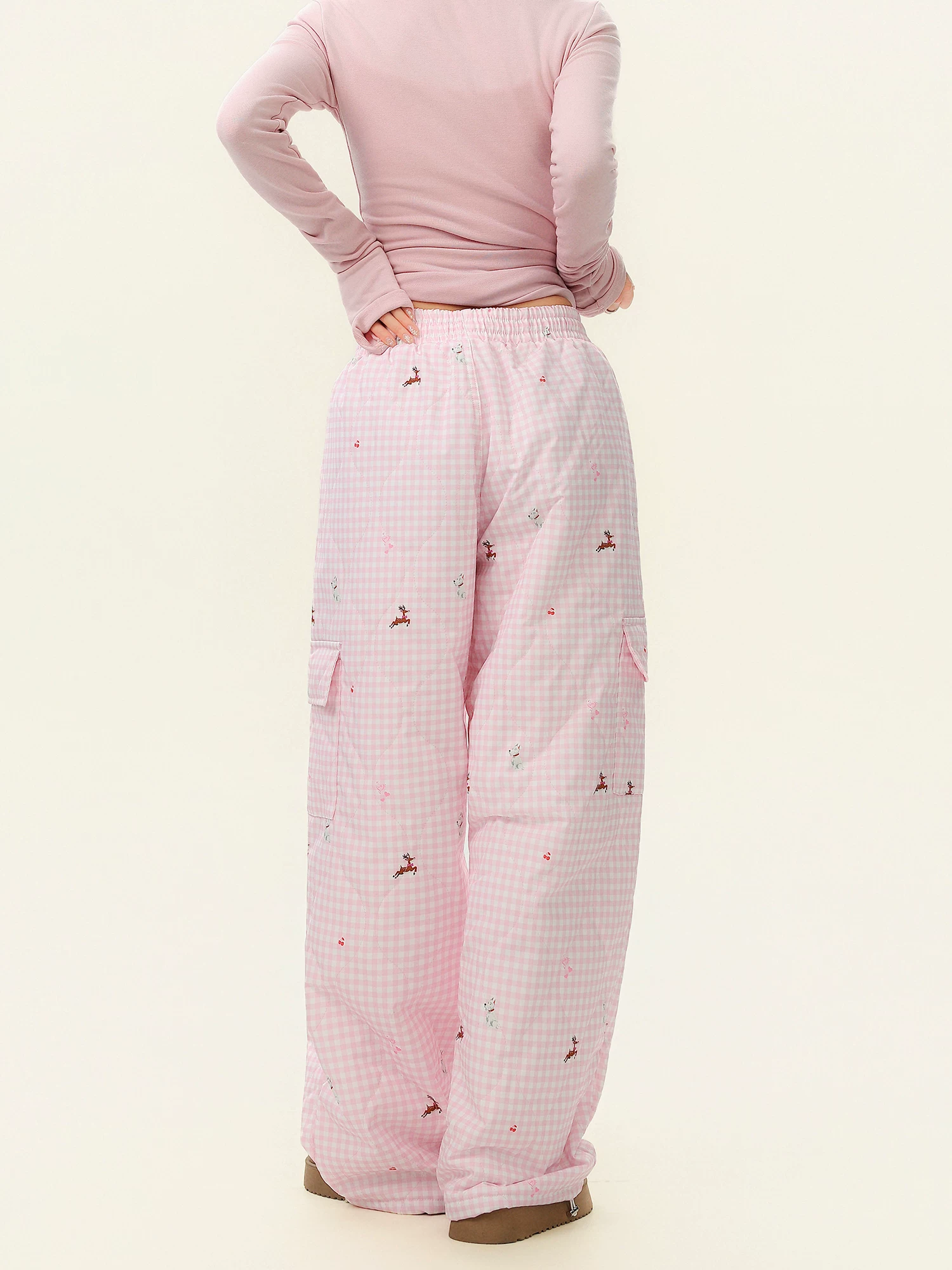 Quần cotton ống rộng có dây rút kẻ sọc dành cho nữ, quần ống rộng ấm áp mùa đông, quần thường ngày ống rộng.