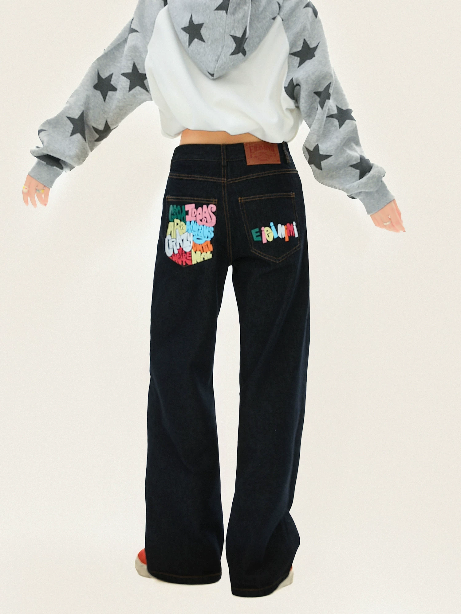 Quần jeans ống đứng in chữ nhiều màu sắc, thiết kế hình bánh quy, quần ống rộng phong cách đường phố, thoải mái, đa năng, hợp thời trang.