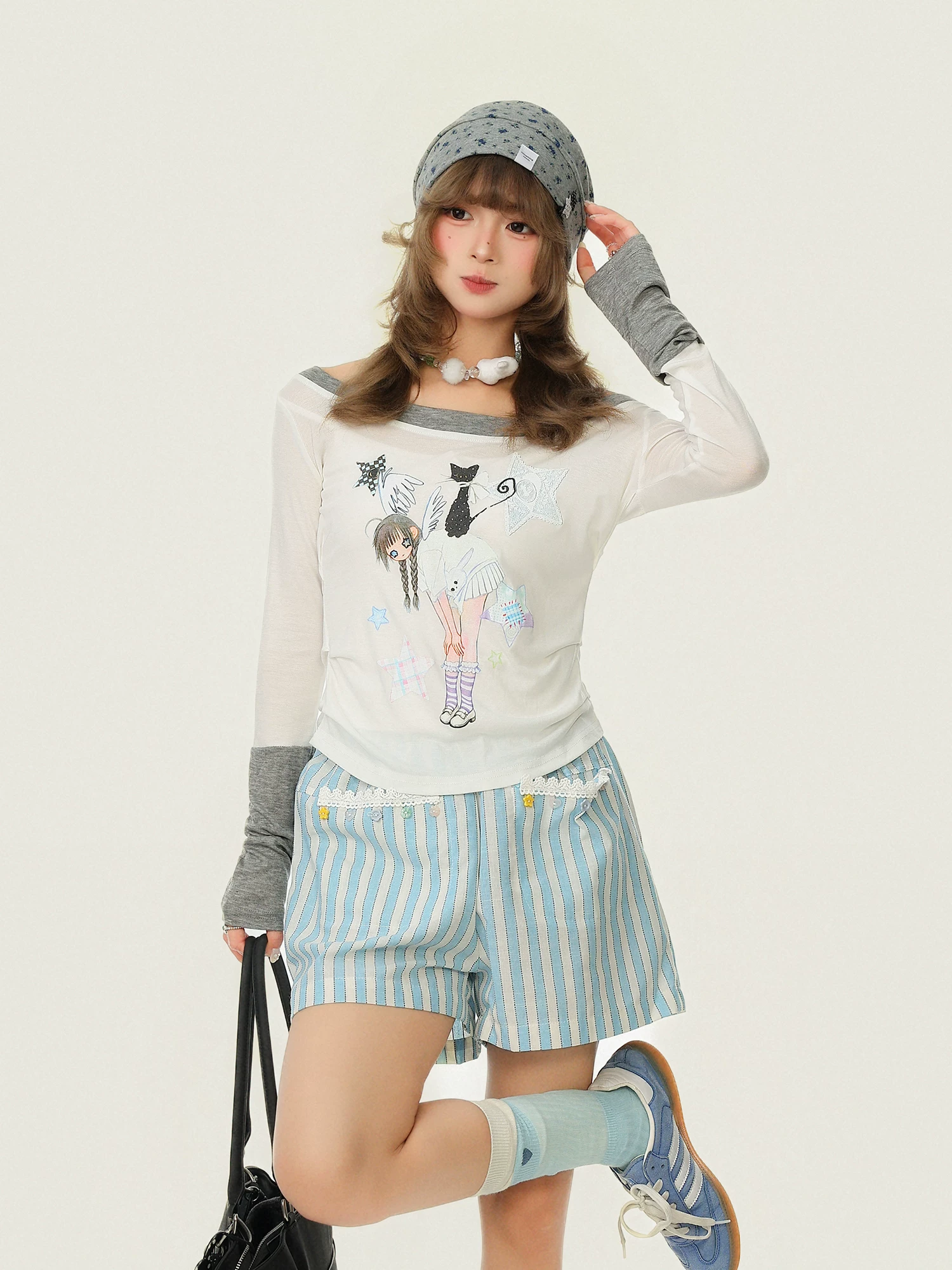 Bulu Biscuit Anime Girl Phong Cách Cổ Áo Bất Đối Xứng Áo Thun Dài Tay Cho Nữ Mùa Xuân Hai Mảnh Slim Fit Màu Khối Bên Trong Top