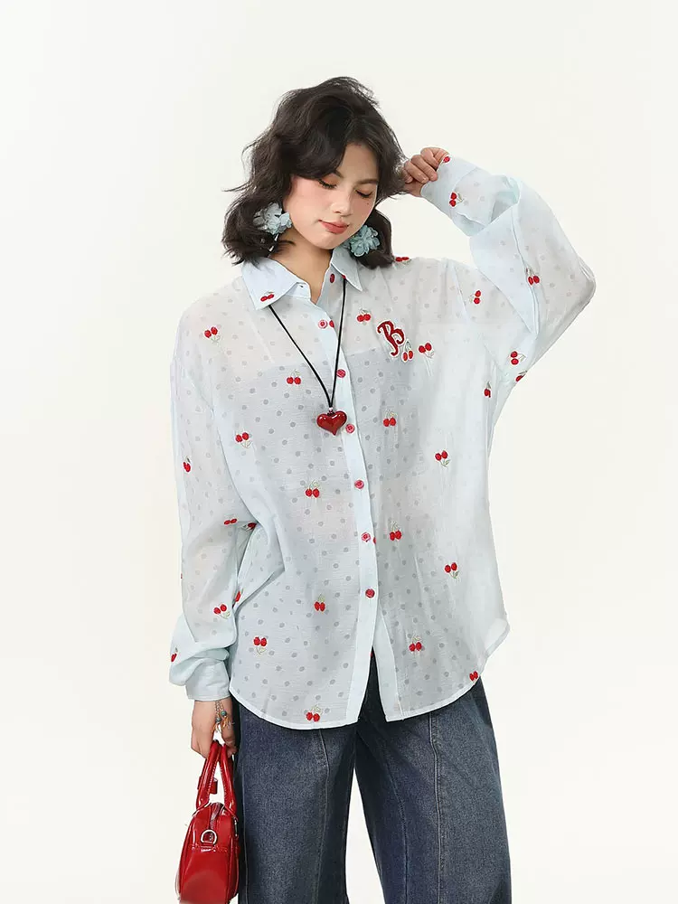 Áo sơ mi dài tay thêu họa tiết anh đào ngọt ngào dành cho nữ, áo khoác chống nắng mùa hè, áo kiểu độc đáo và đẹp mắt.
