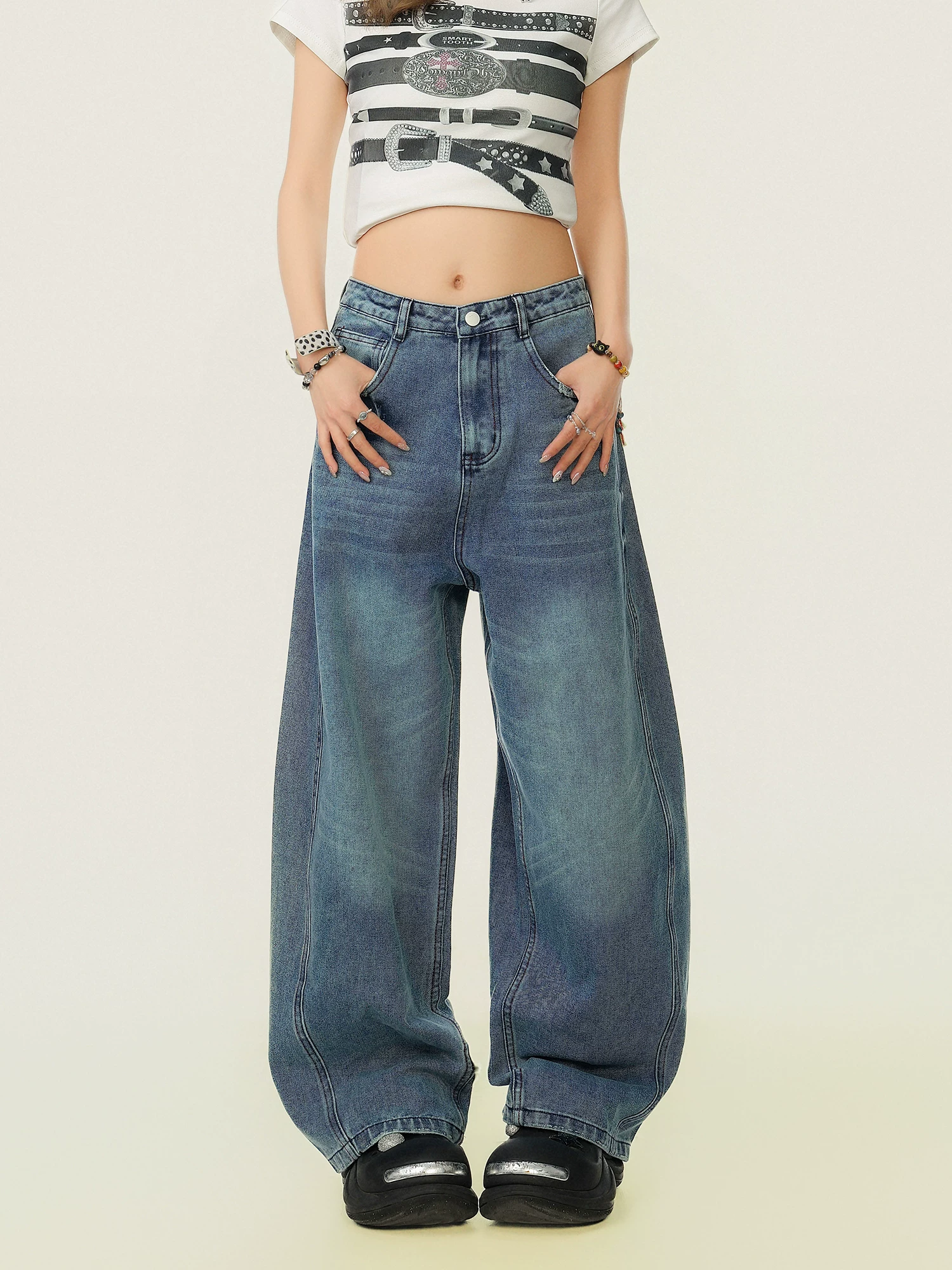 Quần jeans nữ kiểu Mỹ cổ điển, thiết kế độc đáo, quần ống rộng thoải mái đa năng, thương hiệu thời thượng.