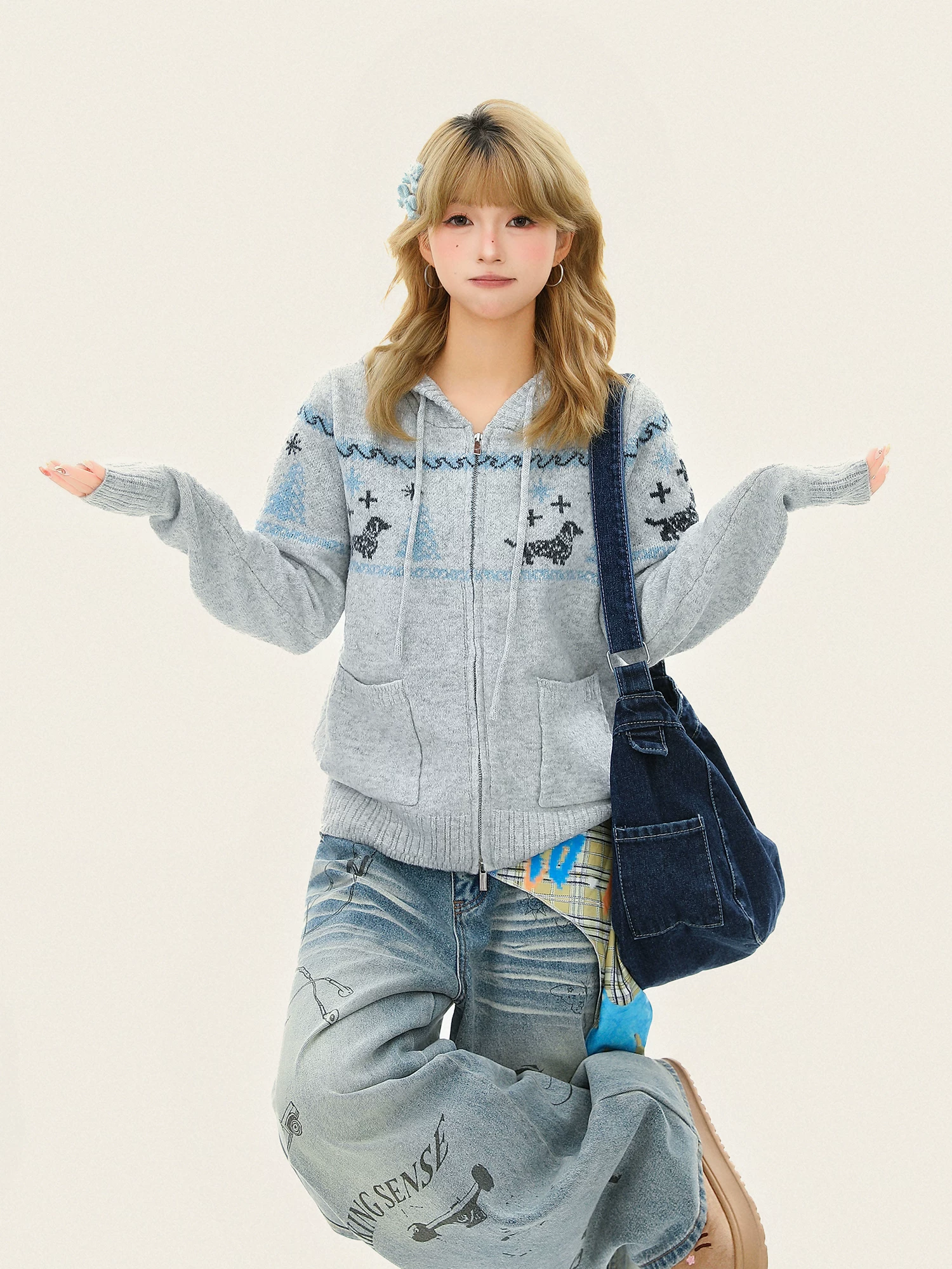 Áo len có mũ trùm đầu kiểu Fair Isle cổ điển dành cho nữ, kiểu dáng rộng rãi thoải mái, áo cardigan dệt kim đa năng cho mùa thu đông.