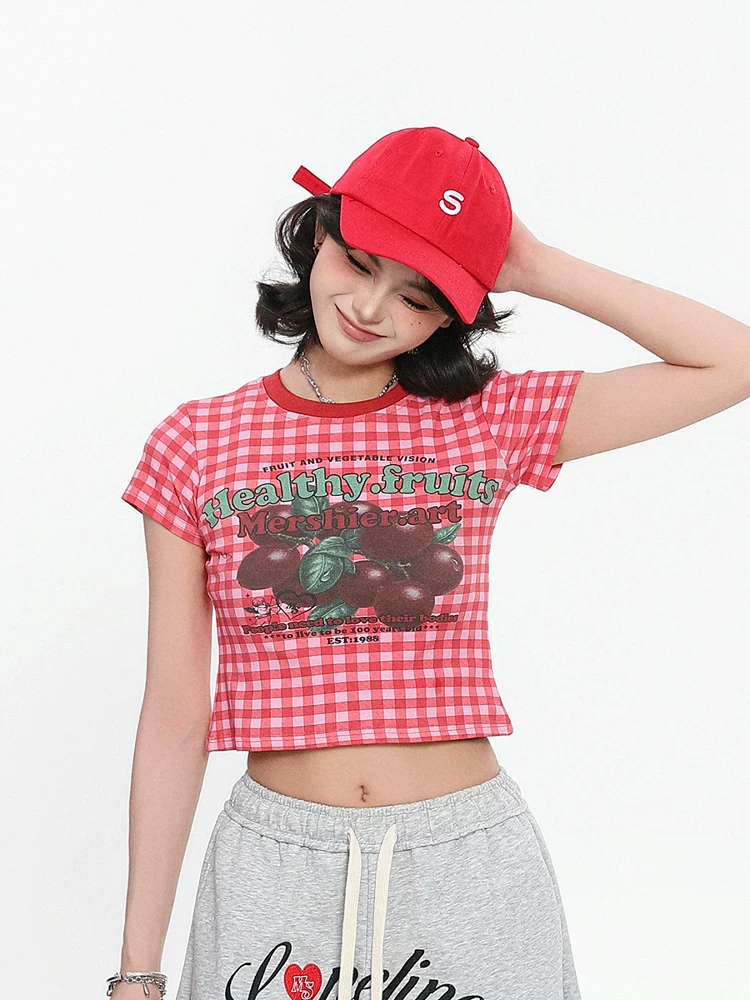 Áo thun ngắn tay kẻ sọc đỏ phong cách retro của BlueLotuss dành cho nữ, áo crop top ngắn hở vai ngọt ngào và cay cay mùa hè.