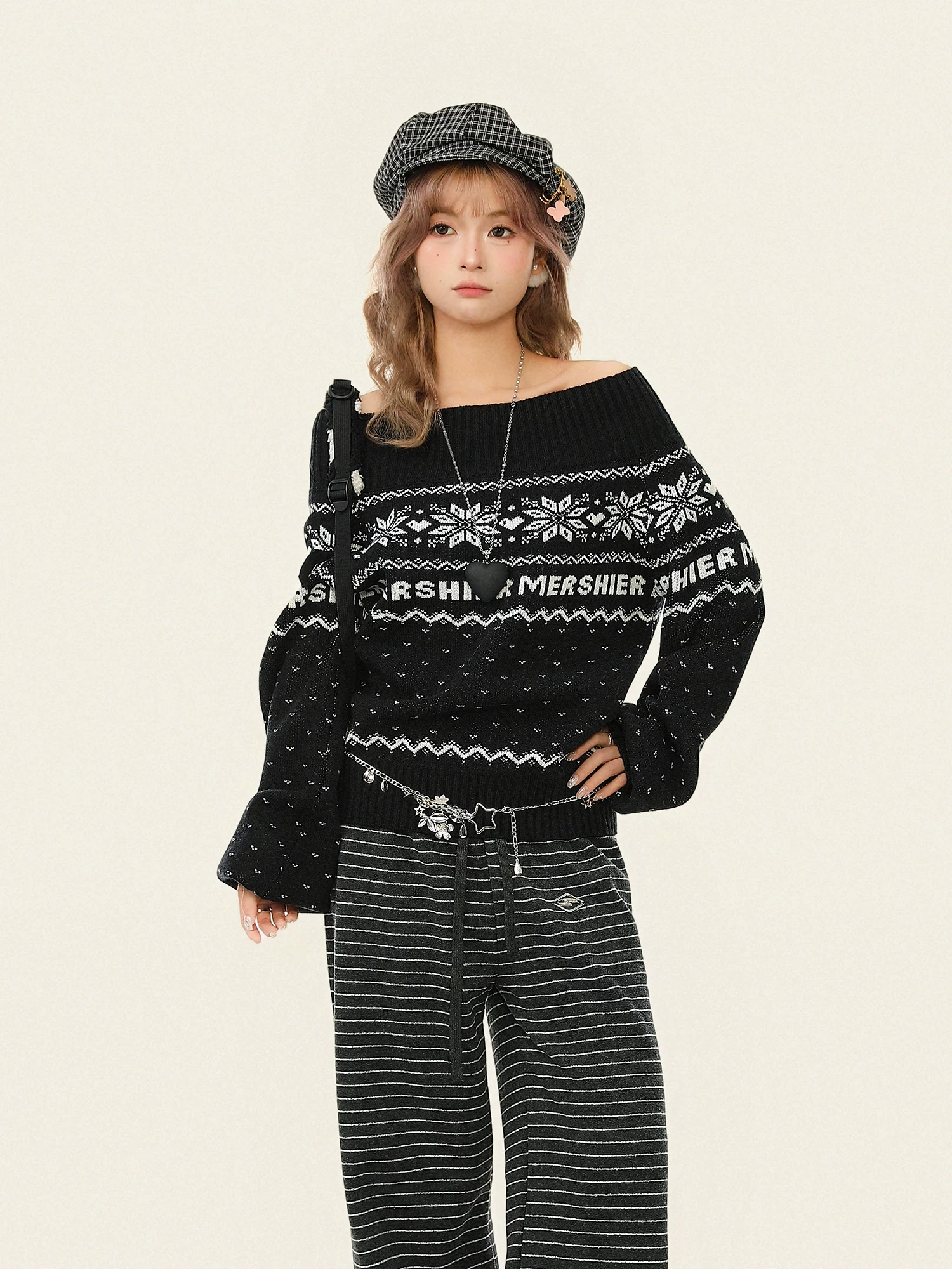 Áo len trễ vai kiểu Fair Isle phong cách Hàn Quốc dành cho nữ, kiểu dáng lười biếng mùa thu đông, áo len dệt kim rộng rãi kiểu Giáng sinh.