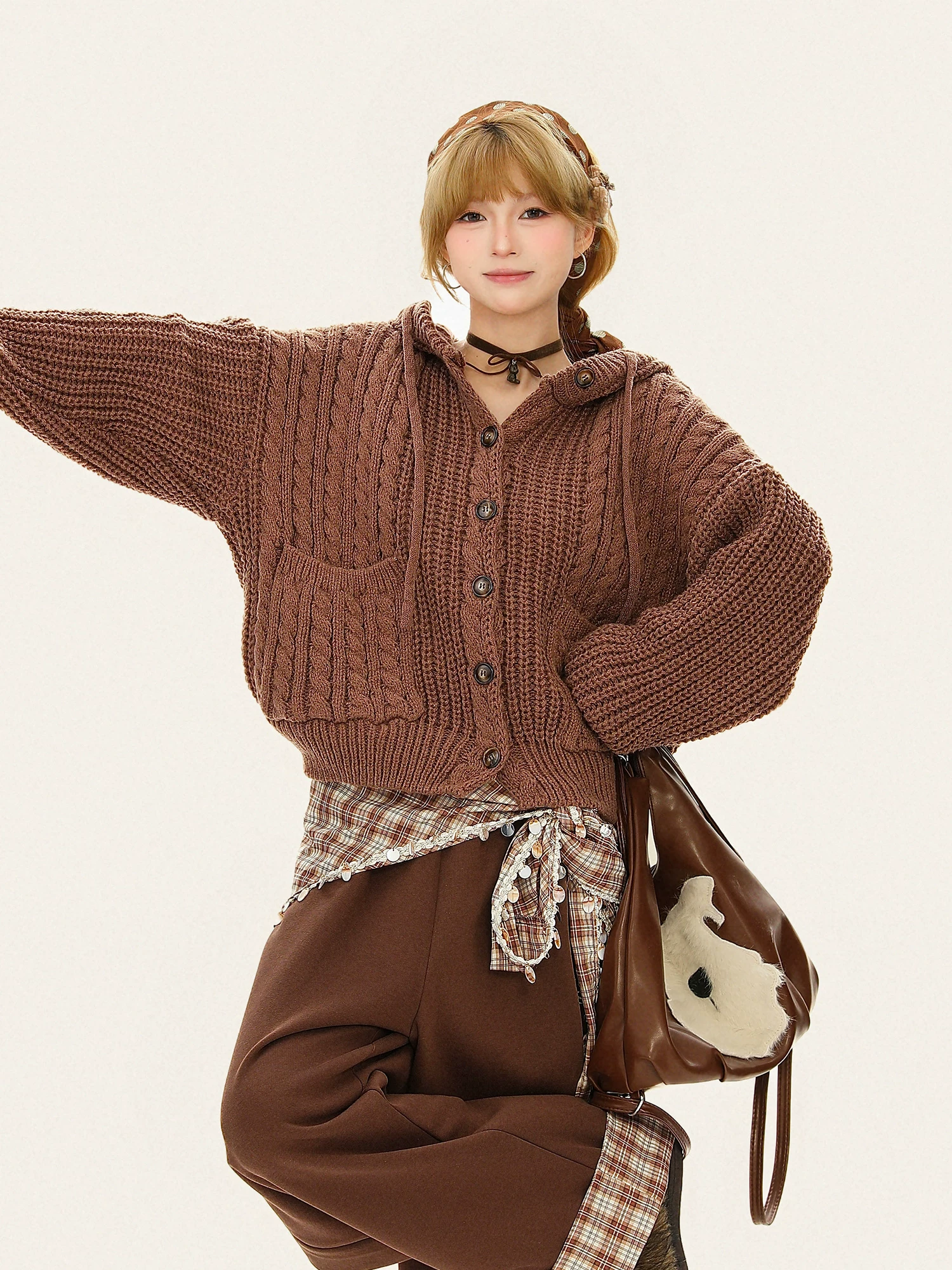 Áo len có mũ trùm đầu xoắn kiểu dáng thời thượng dành cho nữ, áo cardigan dệt kim kiểu dáng rộng rãi và đa năng cho mùa thu đông.
