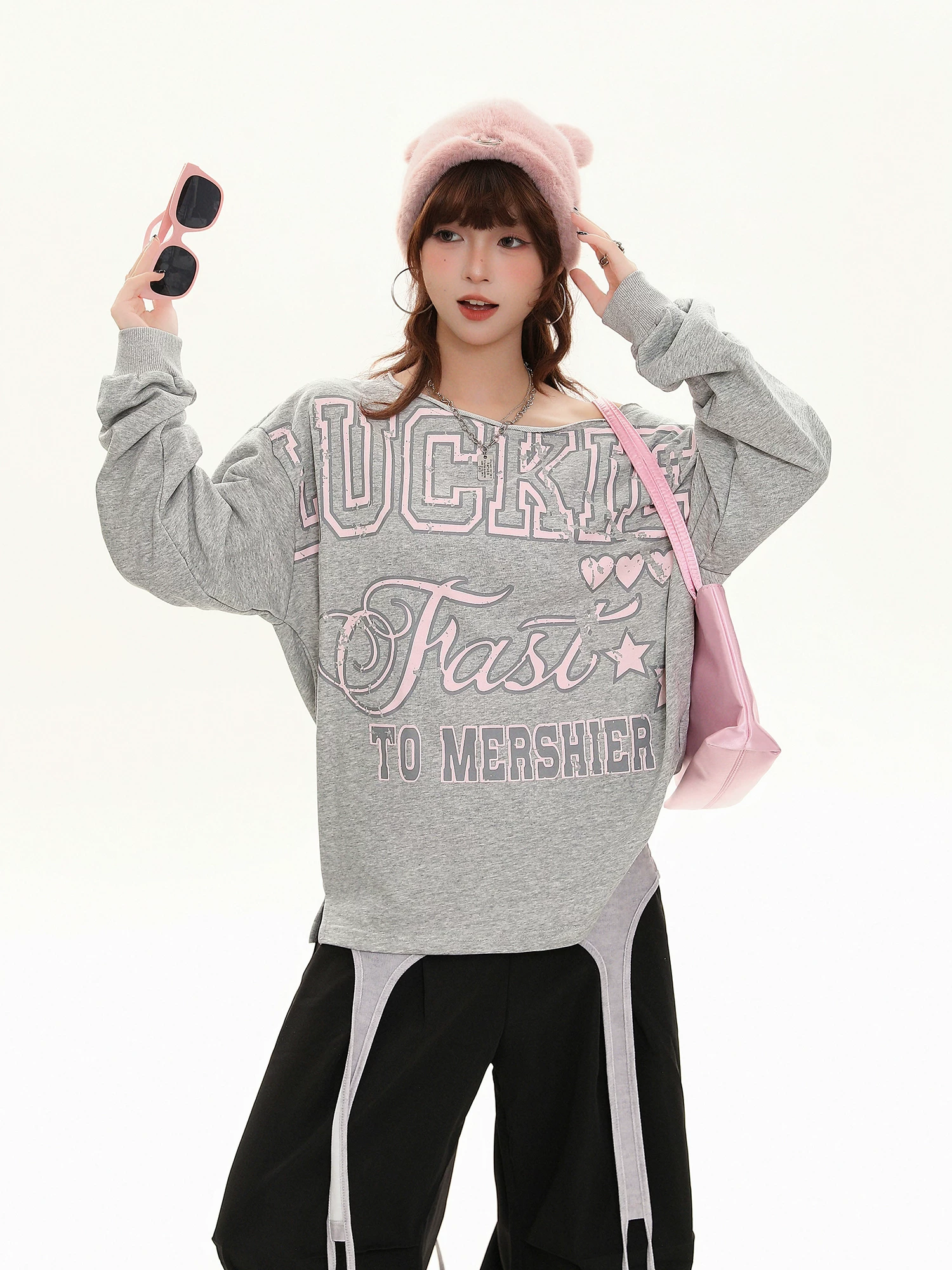 Áo sweatshirt nữ tay dài kiểu Mỹ Bulu Biscuit, phong cách ngọt ngào, cá tính, chất liệu mềm mại, dáng rộng, thoải mái, mùa thu 2025.