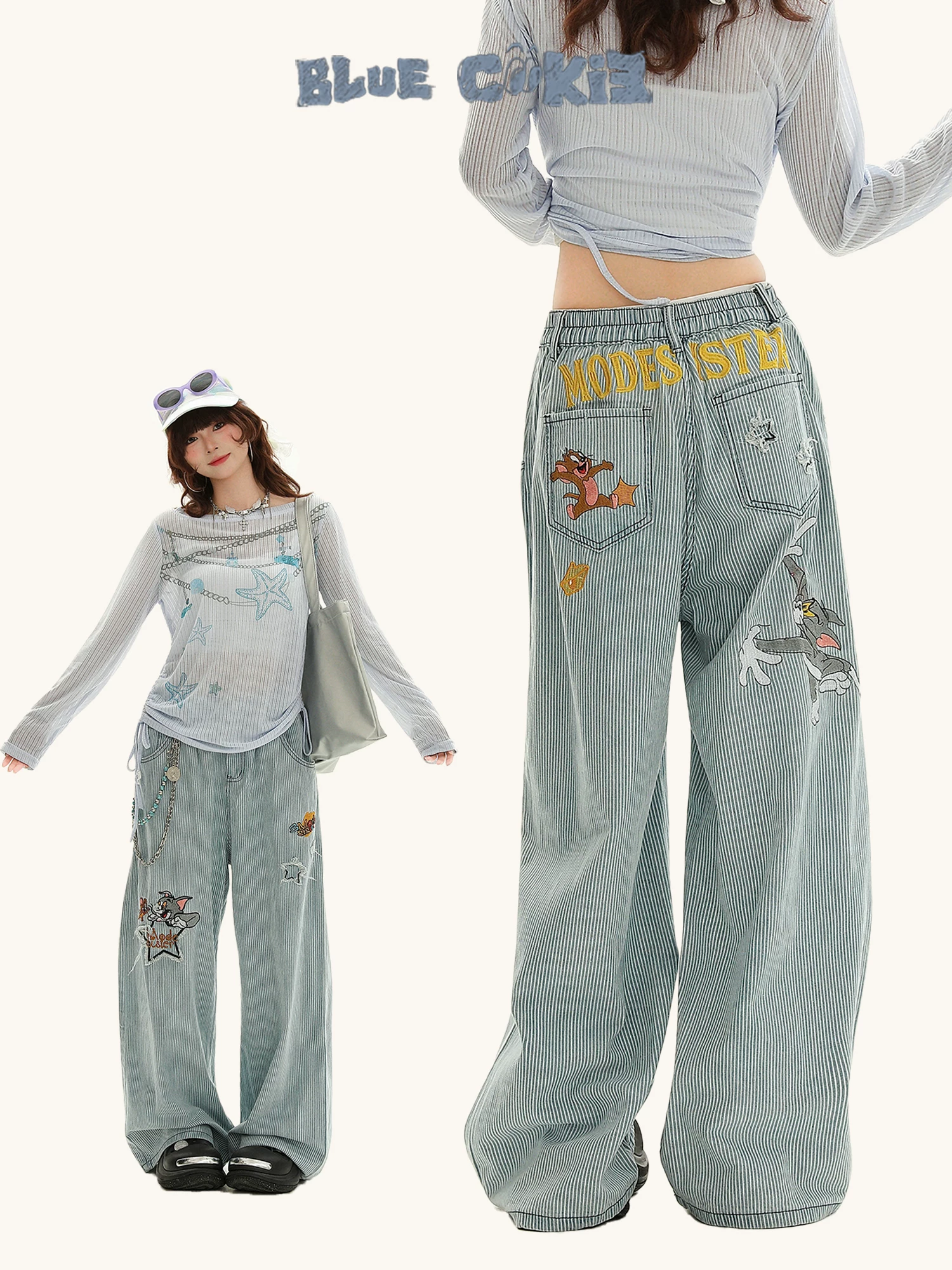 Bulu Biscuit American retro hoạt hình thêu quần jean sọc unisex hợp thời trang thương hiệu quần dài ống rộng dáng rộng hợp thời trang