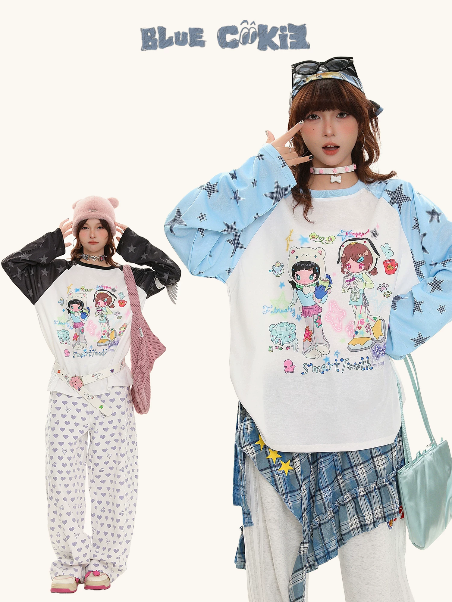 Áo thun dài tay raglan in hình cô gái hoạt hình kiểu Mỹ Bulu Biscuit dành cho nữ, áo kiểu dáng rộng rãi và đa năng, phong cách lười biếng.