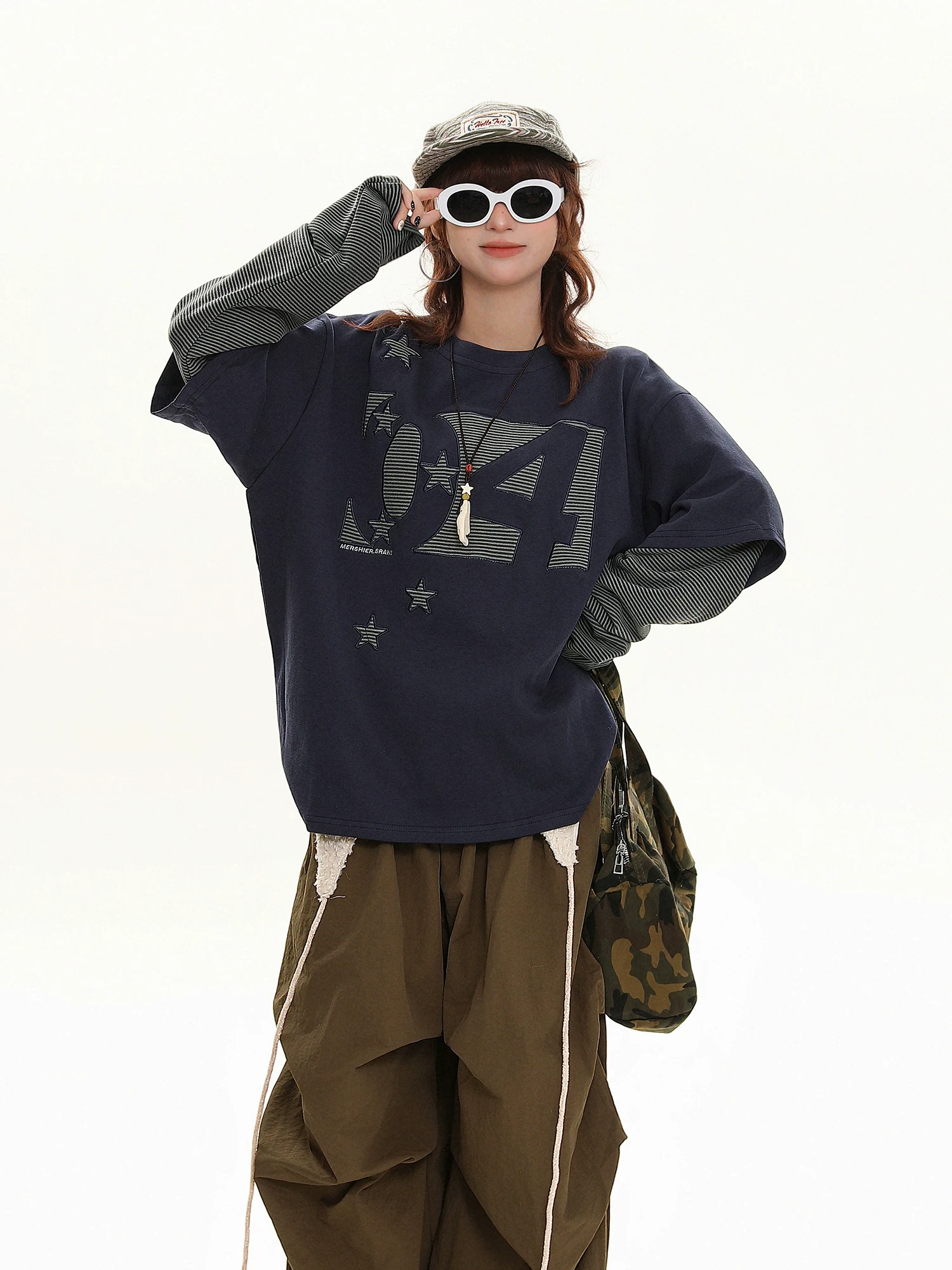 Bulu Biscuit Unisex Mỹ Retro Giả Hai Mảnh Áo Thun Dài Tay Mùa Thu Rời Thường Ngày Đa Năng Của Cặp Đôi Hàng Đầu
