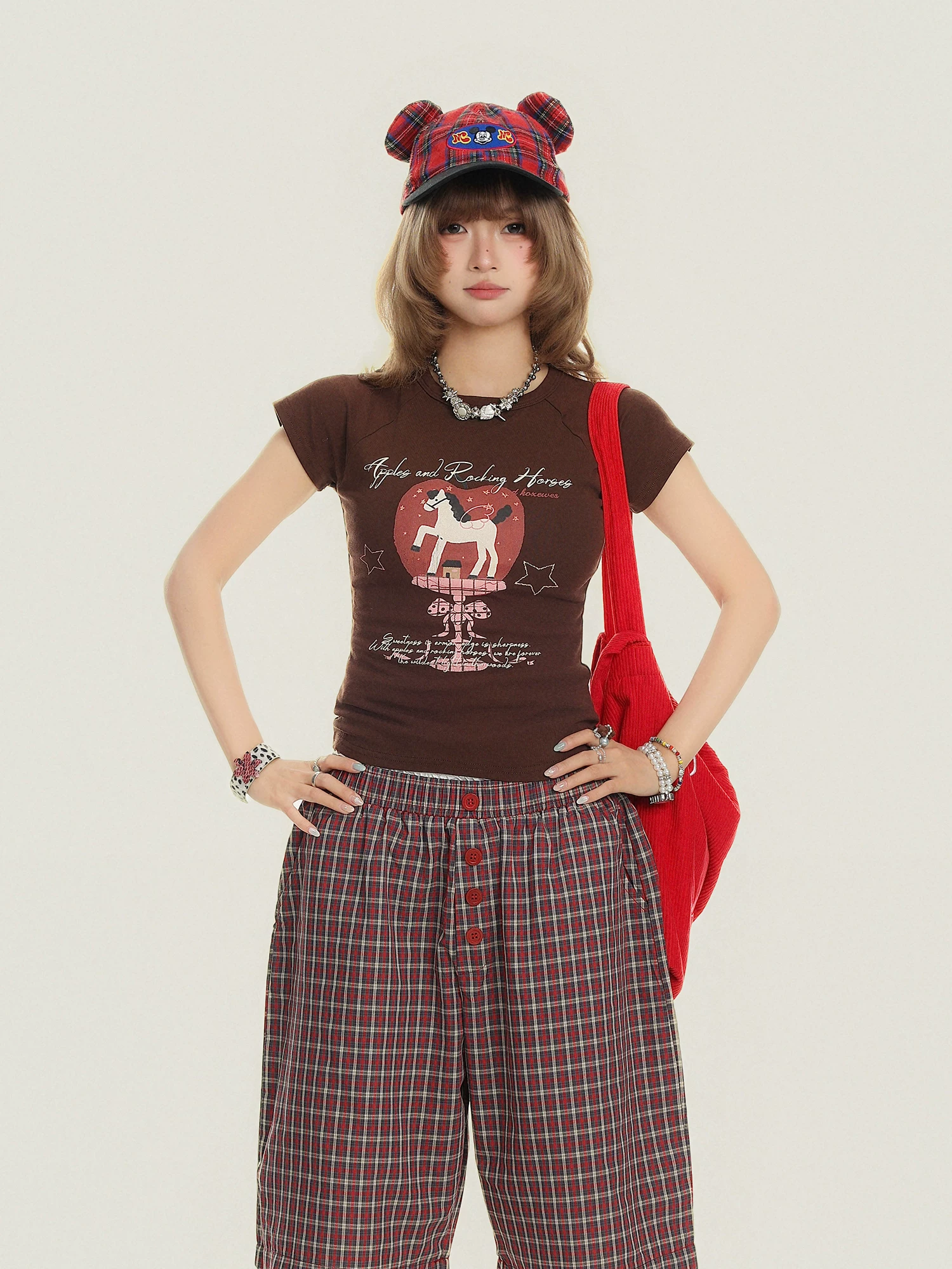 Áo thun ngắn tay kiểu Raglan Bulu Biscuit American Sweet Cool Spicy Girl dành cho nữ, áo ngắn cổ tròn vừa vặn mùa hè.