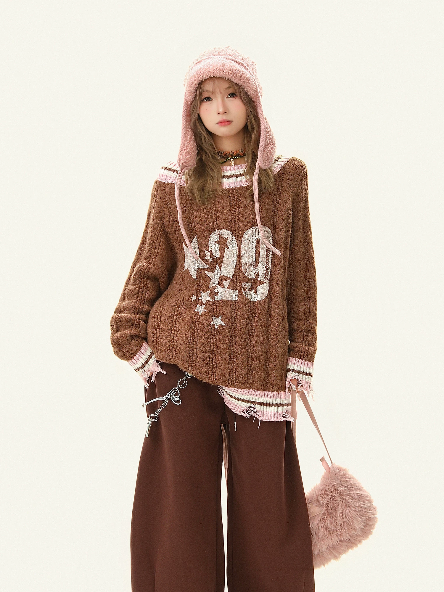 Áo len trễ vai kiểu Mỹ Bulu Biscuit American Sweet Cool College Style dành cho nữ, áo len dệt kim kiểu dáng lười biếng mềm mại mùa thu đông.