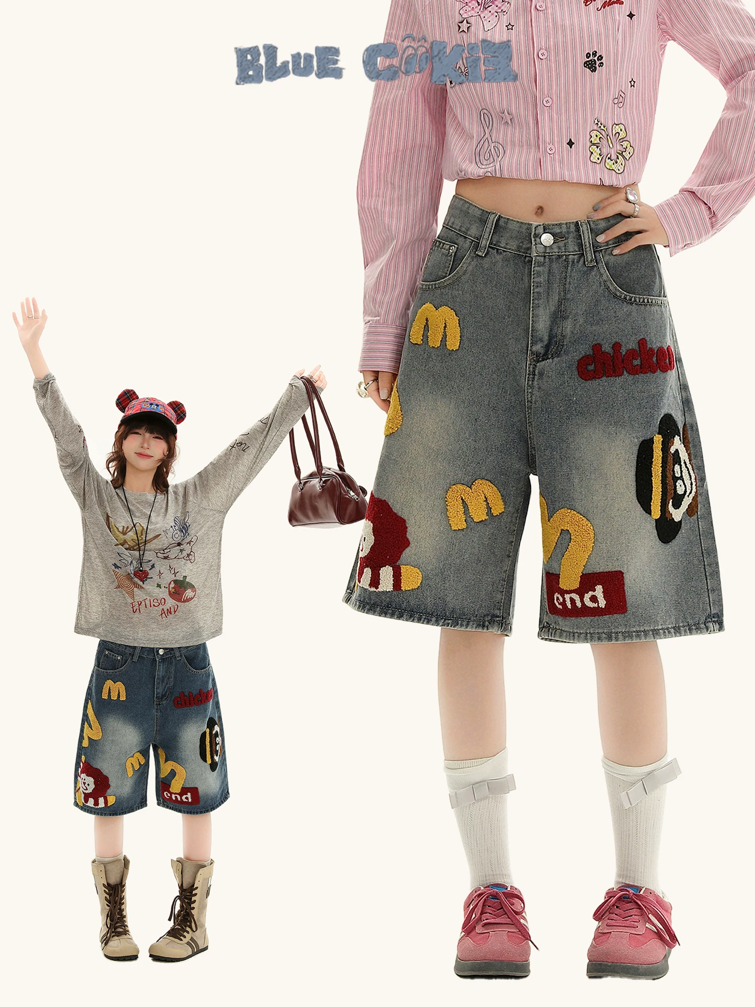 Bulu Biscuit American Retro Fun Khăn thêu quần short denim dành cho nữ, thiết kế mùa hè Quần ống rộng năm điểm.