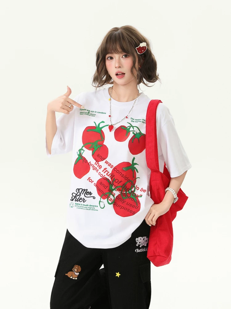 Áo thun ngắn tay in hình cà chua ngọt ngào Bulu Biscuit dành cho nữ, áo thun ngắn tay đa năng thông thường mùa hè dành cho nữ.