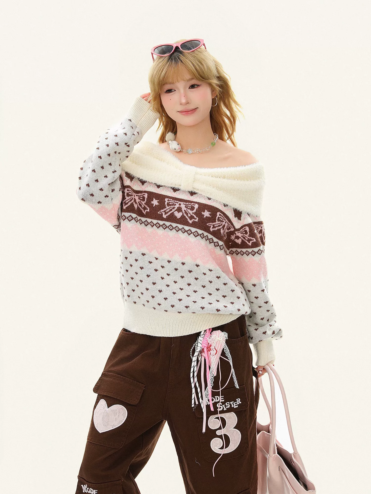 Áo len dệt kim một vai kiểu Fair Isle dành cho nữ, mùa thu đông, kiểu dáng rộng rãi và ấm áp.