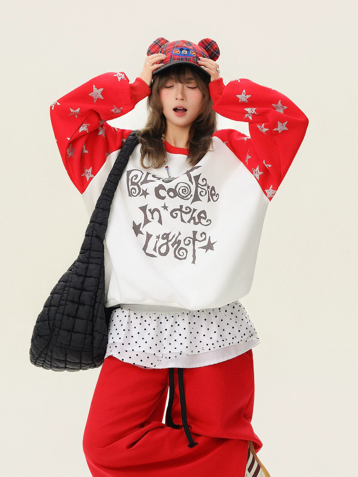 Áo nỉ tay raglan in chữ Bulu Biscuit Sweet Cool Star dành cho nữ, áo thun dáng rộng thông thường mùa xuân, áo thun đa năng giúp giảm béo.
