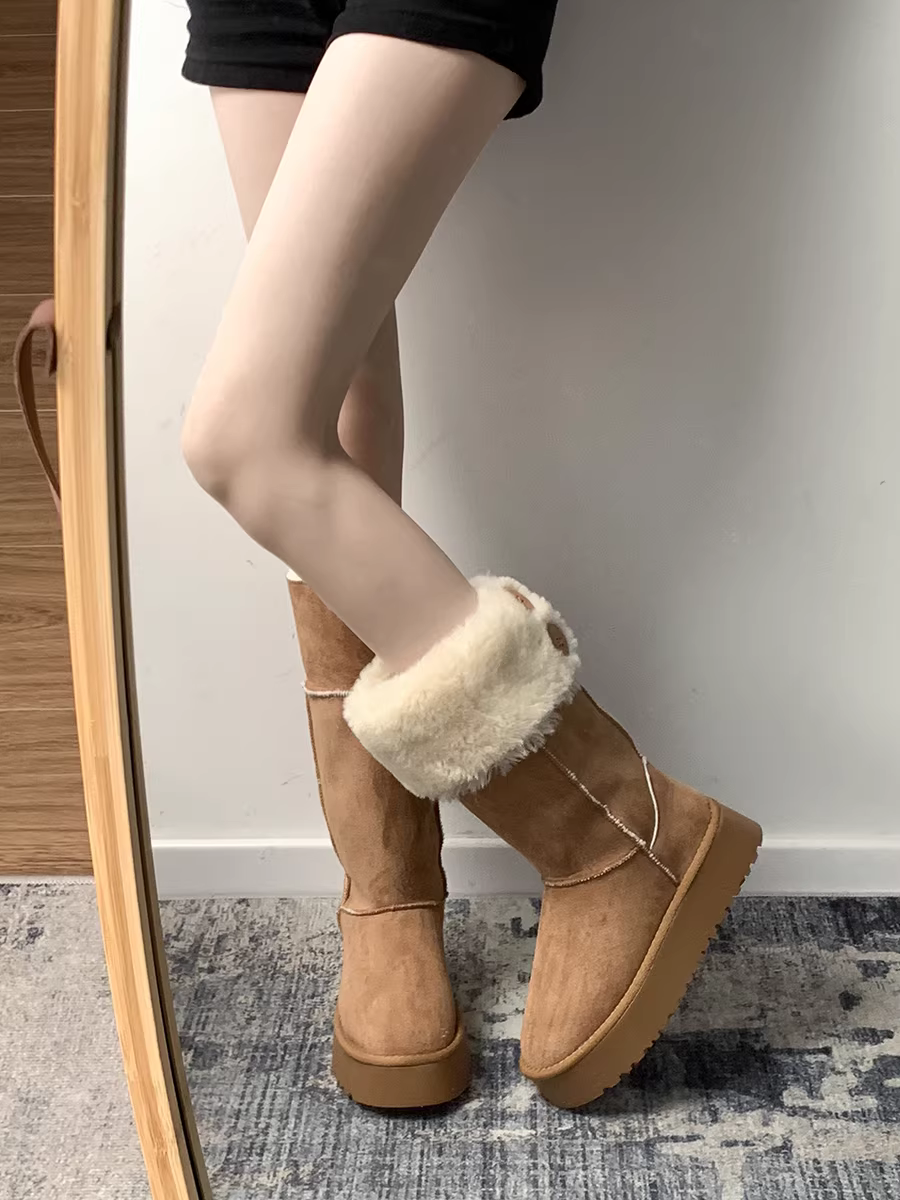 Giày bốt đi tuyết đế dày màu nâu Nanzai Nanfang dành cho nữ, giày bốt cotton lót lông mùa đông mới 2025, giày cotton ấm áp.