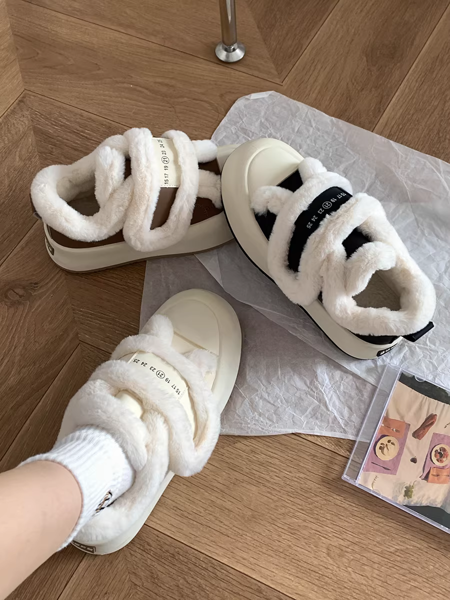 Giày thể thao đế dày mũi tròn đa năng màu trắng dành cho nữ 2025 mới thu đông Giày cotton dày lót lông cừu có khóa dán bán chạy