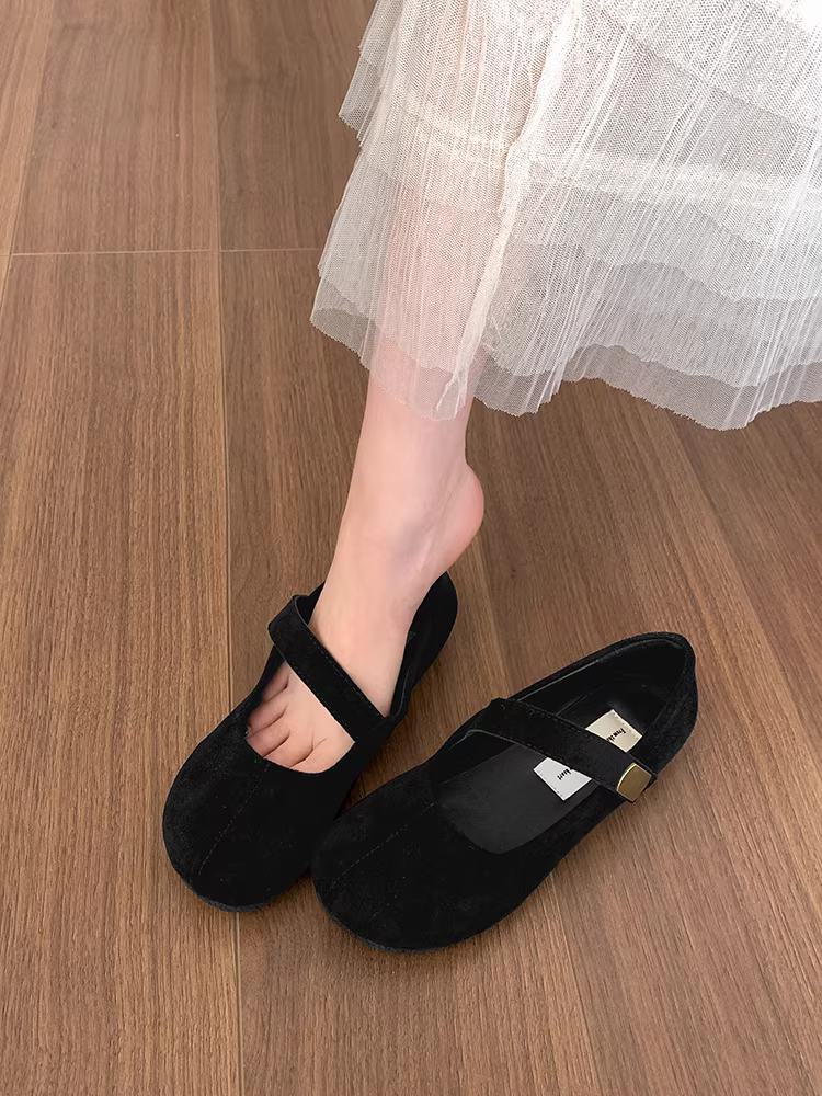 Giày bệt nữ mũi tròn cổ điển màu đỏ, kiểu dáng mới mùa thu 2025, phối chân váy, giày Mary Jane đế mềm kiểu Pháp