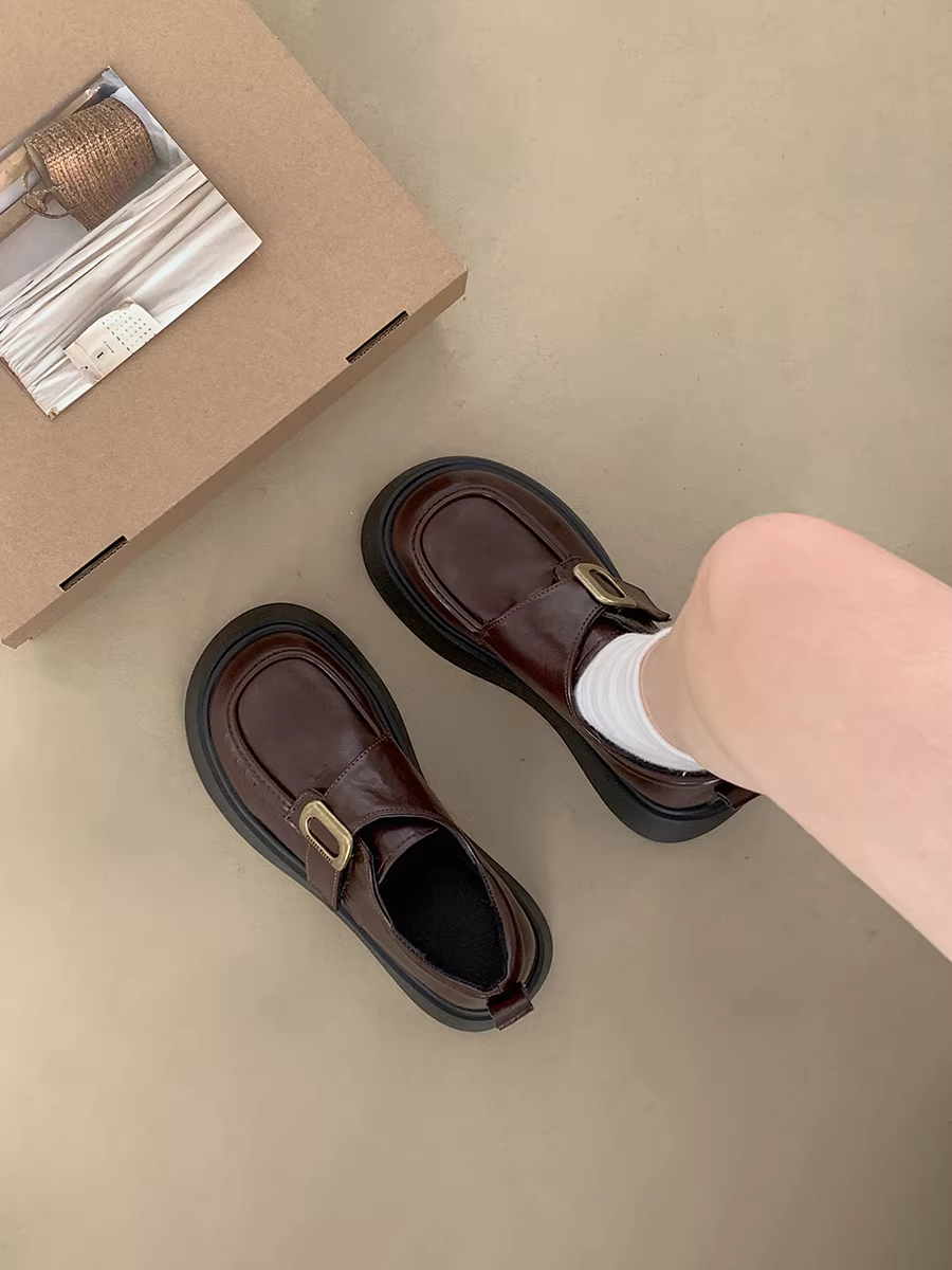 Giày da đế dày kiểu Anh màu nâu dành cho nữ, mẫu mới thu 2025, kiểu Mary Jane đa năng, dễ phối với chân váy