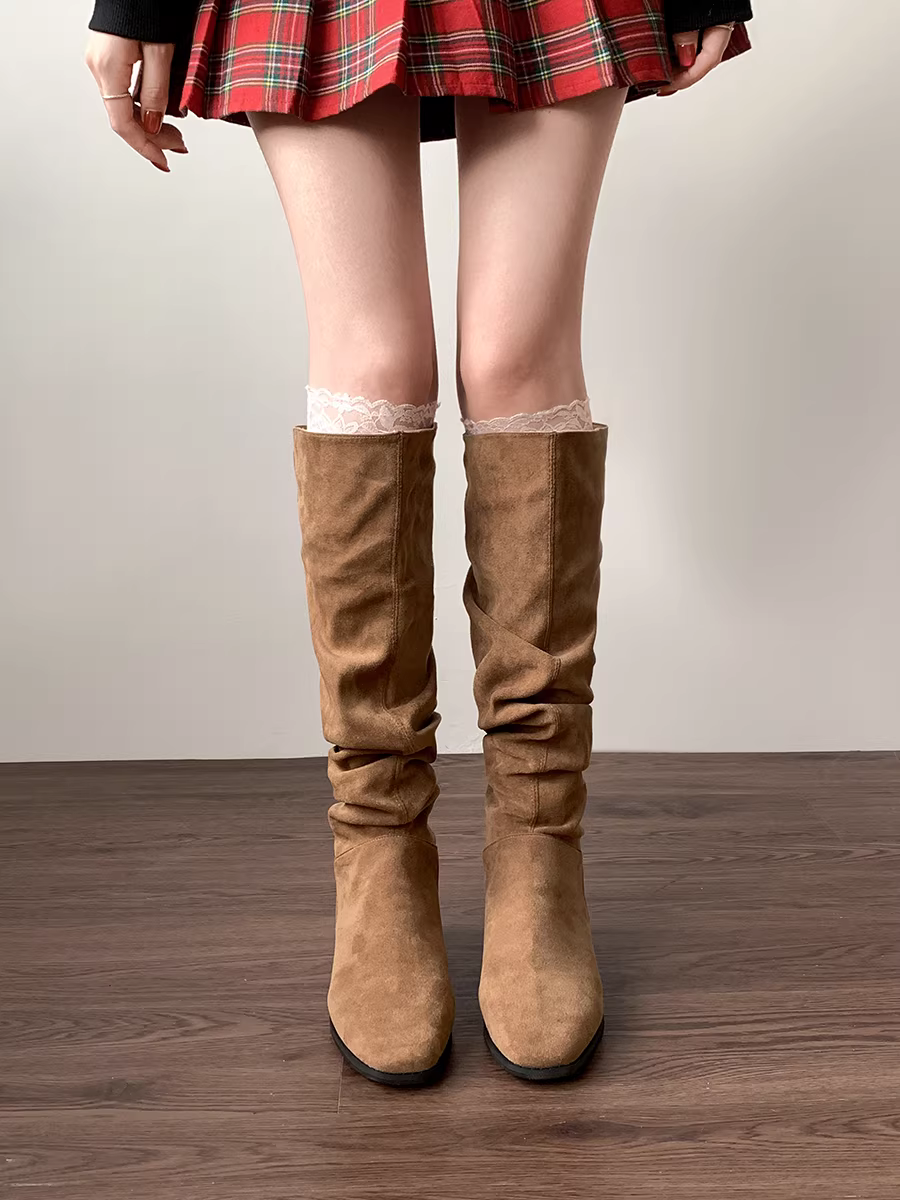 Giày bốt cao cổ dày gót cao kiểu retro dành cho nữ, mẫu mới thu đông 2025, bán chạy, tăng chiều cao, kiểu dáng ôm dáng, thoải mái.