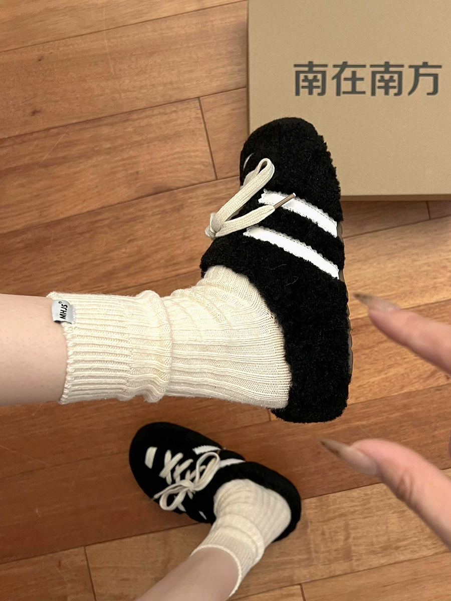 Dép lông dày đế cao siêu hot của người nổi tiếng mạng xã hội dành cho nữ, mẫu mới thu đông 2025, đi ngoài trời, chống trơn trượt, đế mềm, tăng chiều cao, mũi kín, chất liệu cotton