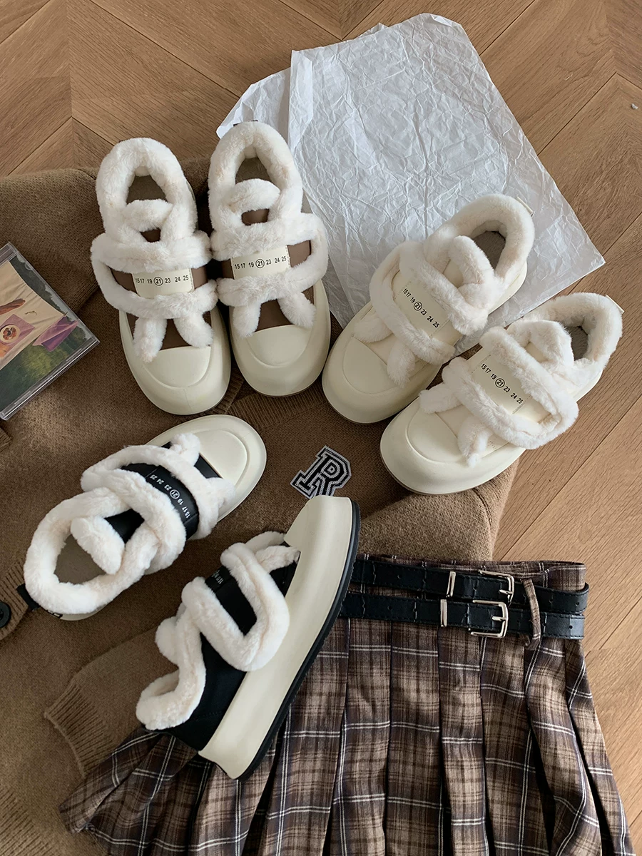 Giày thể thao đế dày mũi tròn đa năng màu trắng dành cho nữ 2025 mới thu đông Giày cotton dày lót lông cừu có khóa dán bán chạy