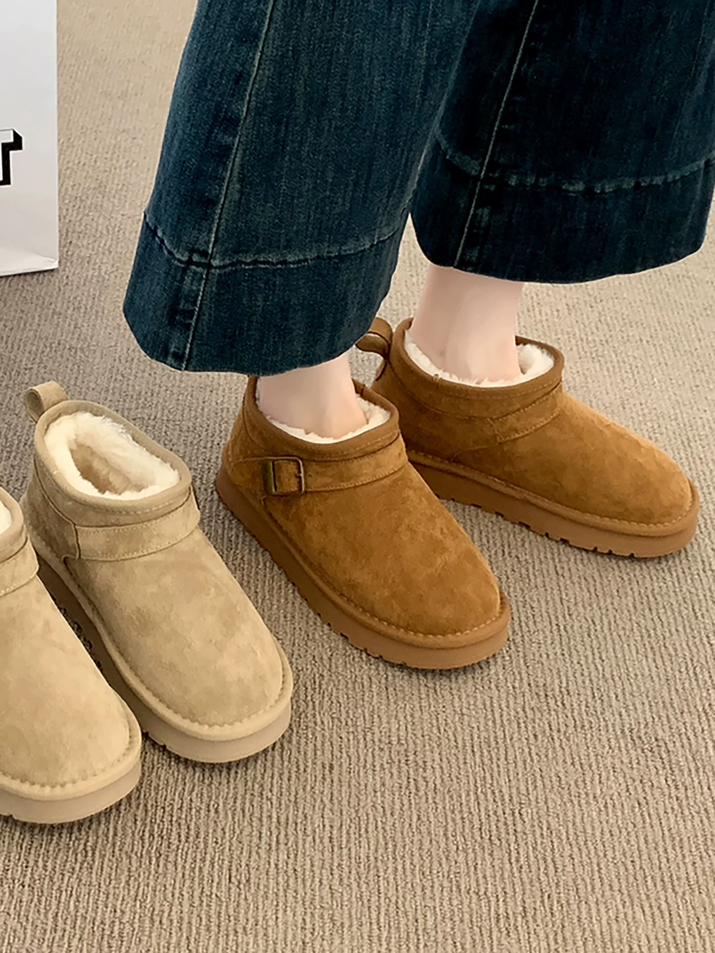 Giày bốt tuyết đế dày giữ ấm tăng chiều cao phổ biến dành cho nữ, mẫu mới mùa đông 2025, lót lông cừu dày dặn, chống trơn trượt, giày cotton đi ngoài trời